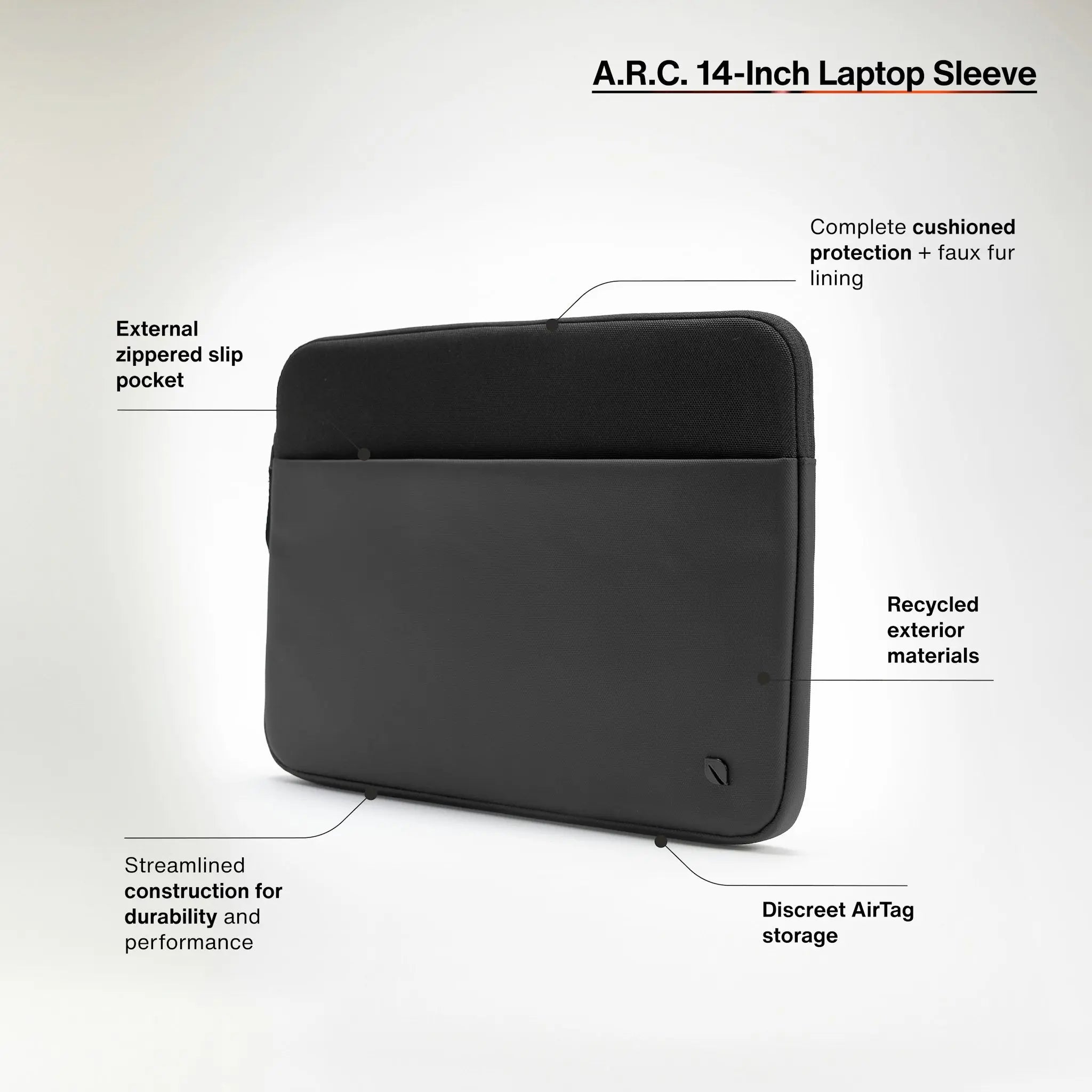 external zippered slip pocket. complete cushioned protection and faux fur lining. recycled exterior materials. streamlined construction for durability and performance. discreet airtag storage.