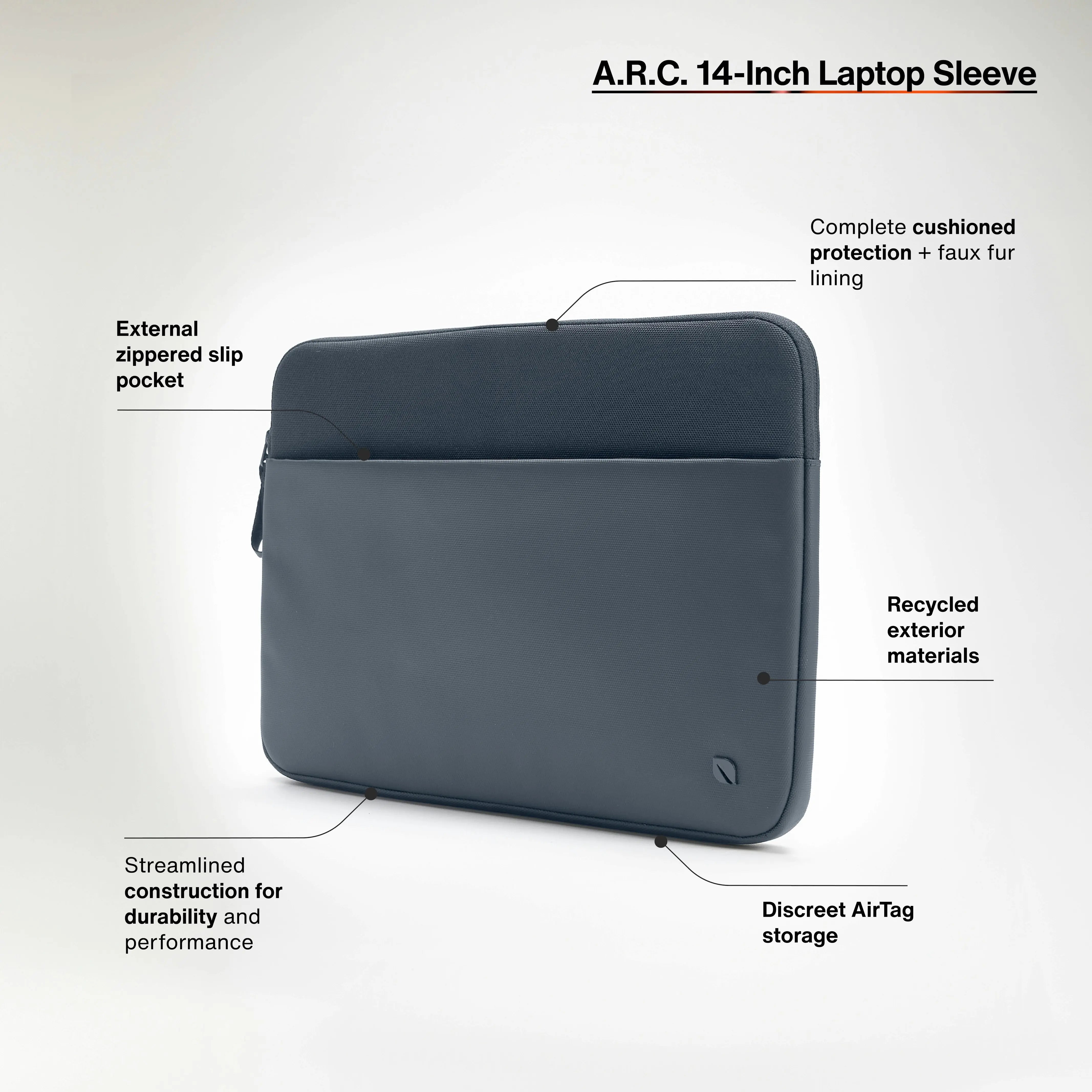 external zippered slip pocket. complete cushioned protection and faux fur lining. recycled exterior materials. streamlined construction for durability and performance. discreet airtag storage.