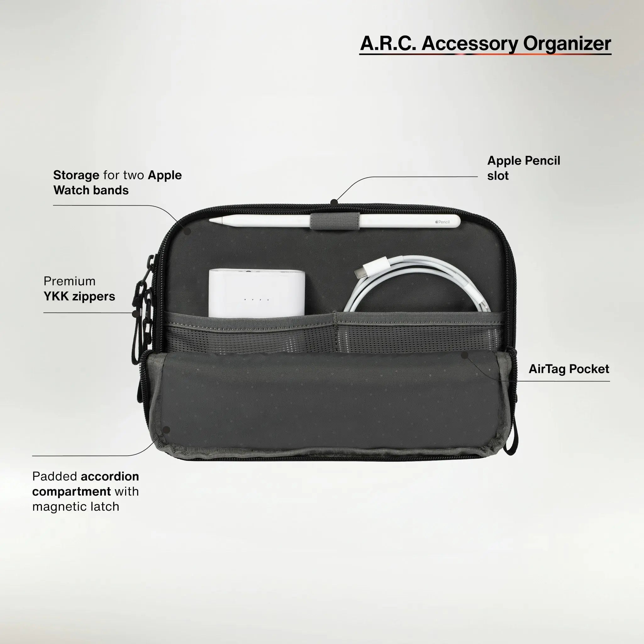 storage for 2 apple watch bands apple pencil slot. premium YKK zippers. airtag pocket. padded accordion compartment.