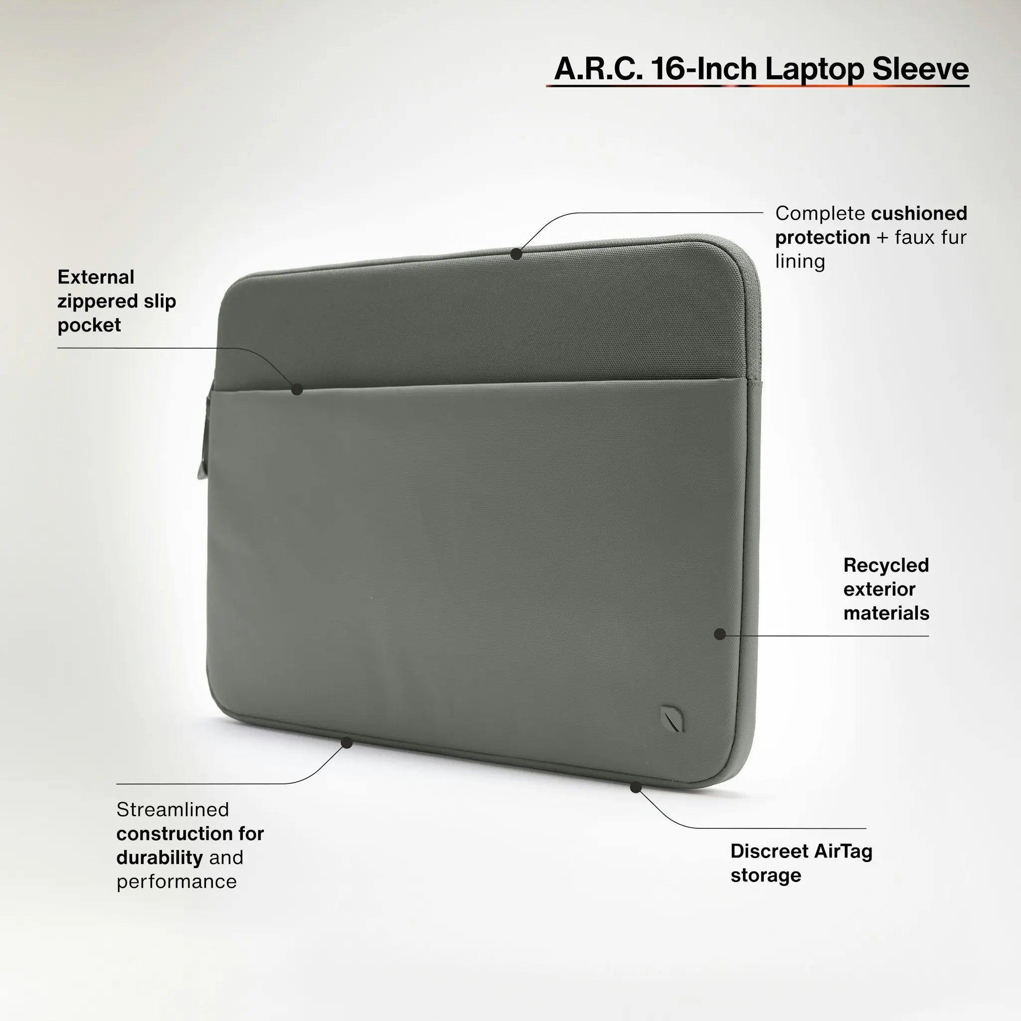 external zippered slip pocket. complete cushioned protection and faux fur lining. recycled exterior materials. streamlined construction for durability and performance. discreet airtag storage.
