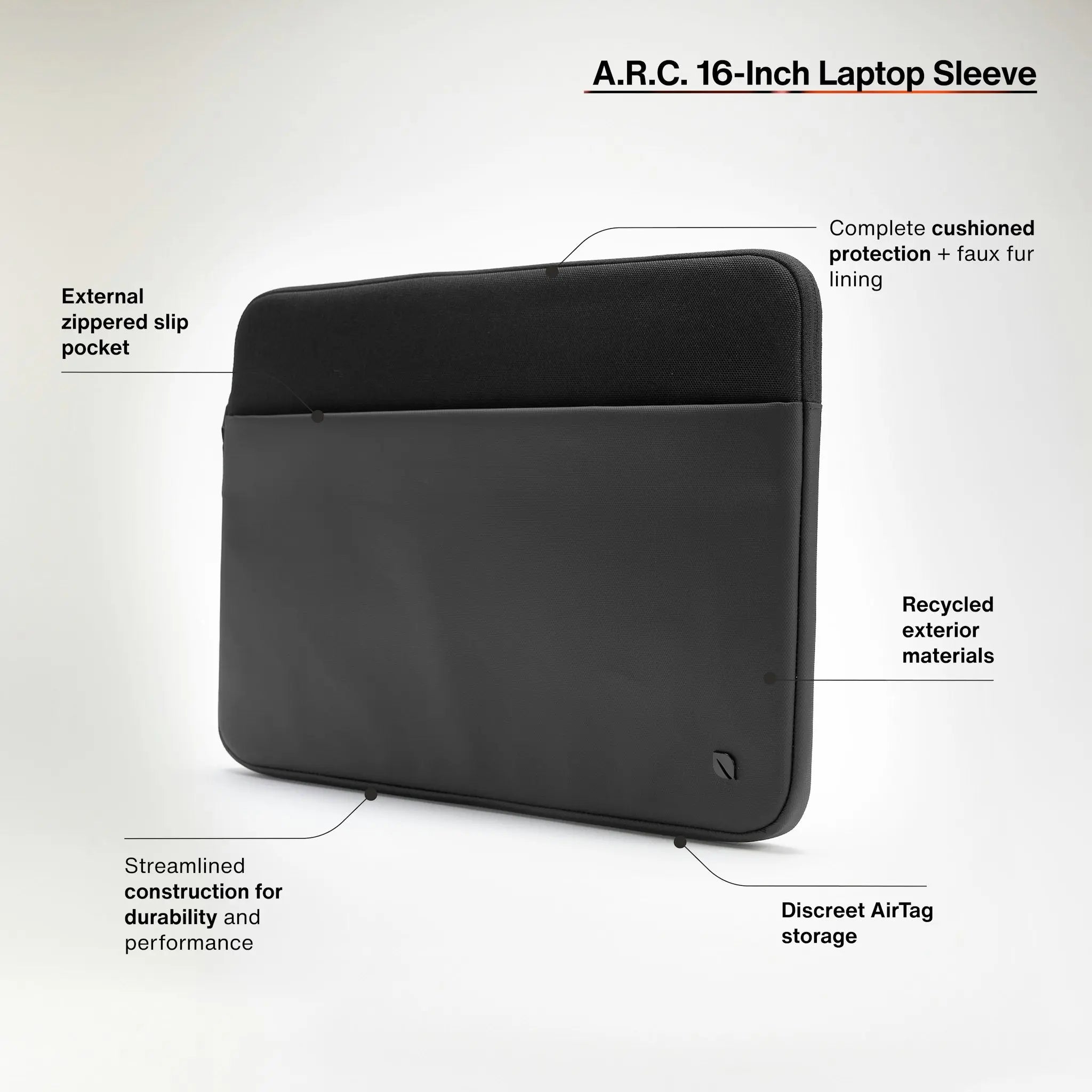 external zippered slip pocket. complete cushioned protection and faux fur lining. recycled exterior materials. streamlined construction for durability and performance. discreet airtag storage.