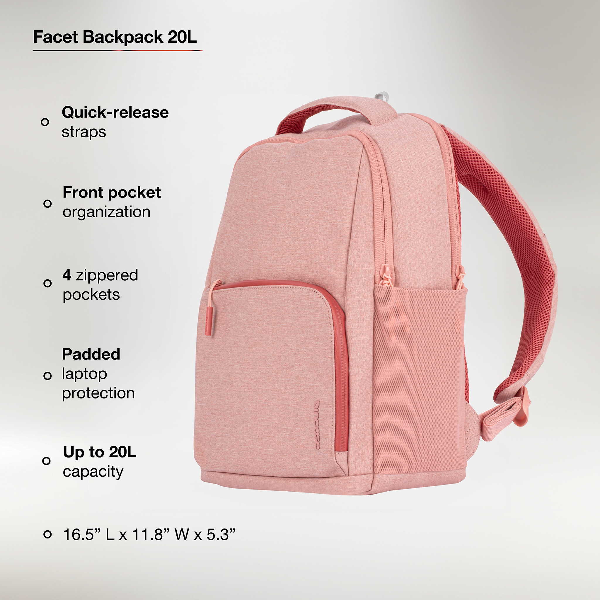 quick release straps, laptop sleeve, 5 zippered pockets, internal organization, up to 25l capacity