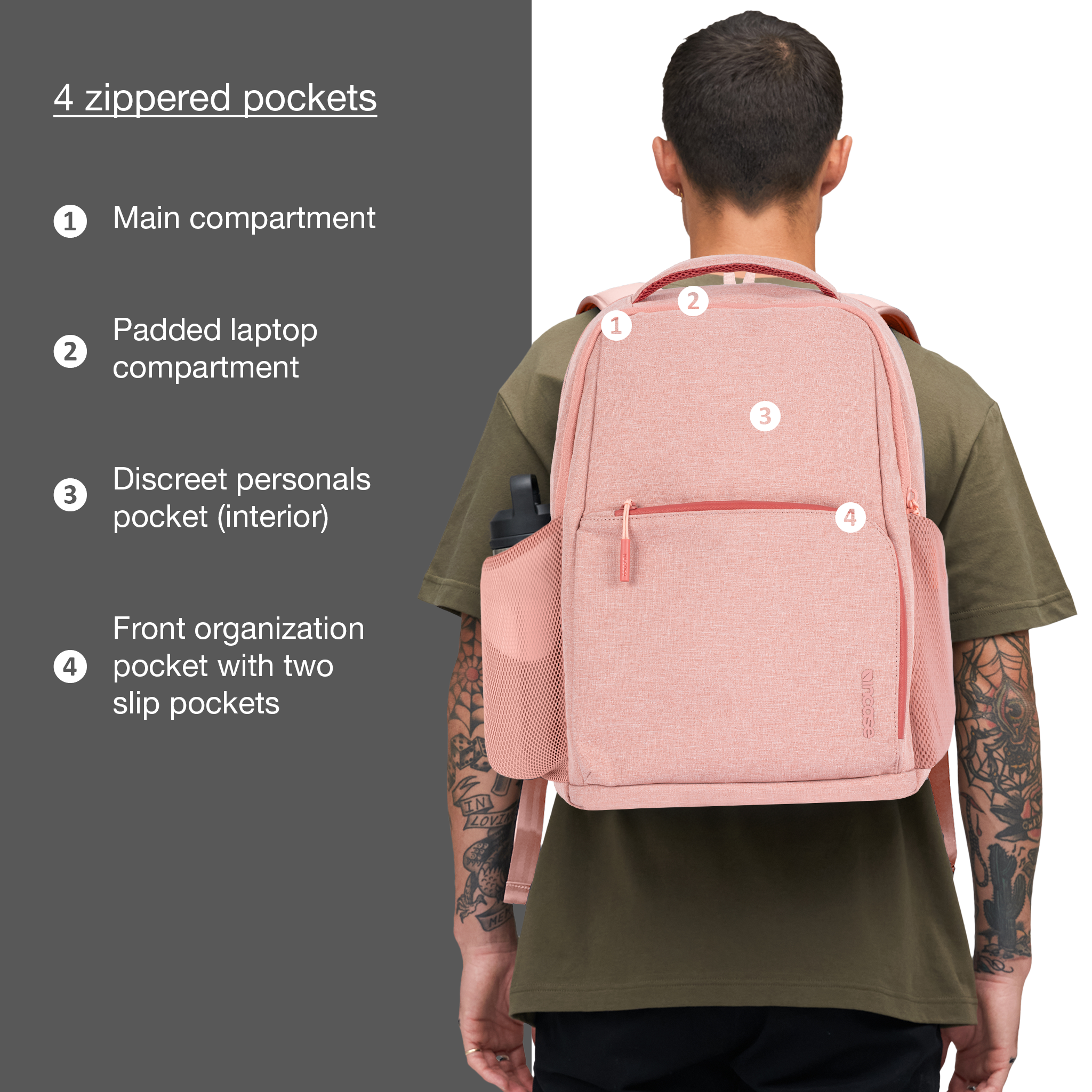 main compartment with large slip + 2 mesh pockets, dedicated laptop compartment, easy access pocket, front top pocket organization, front bottom pocket organization