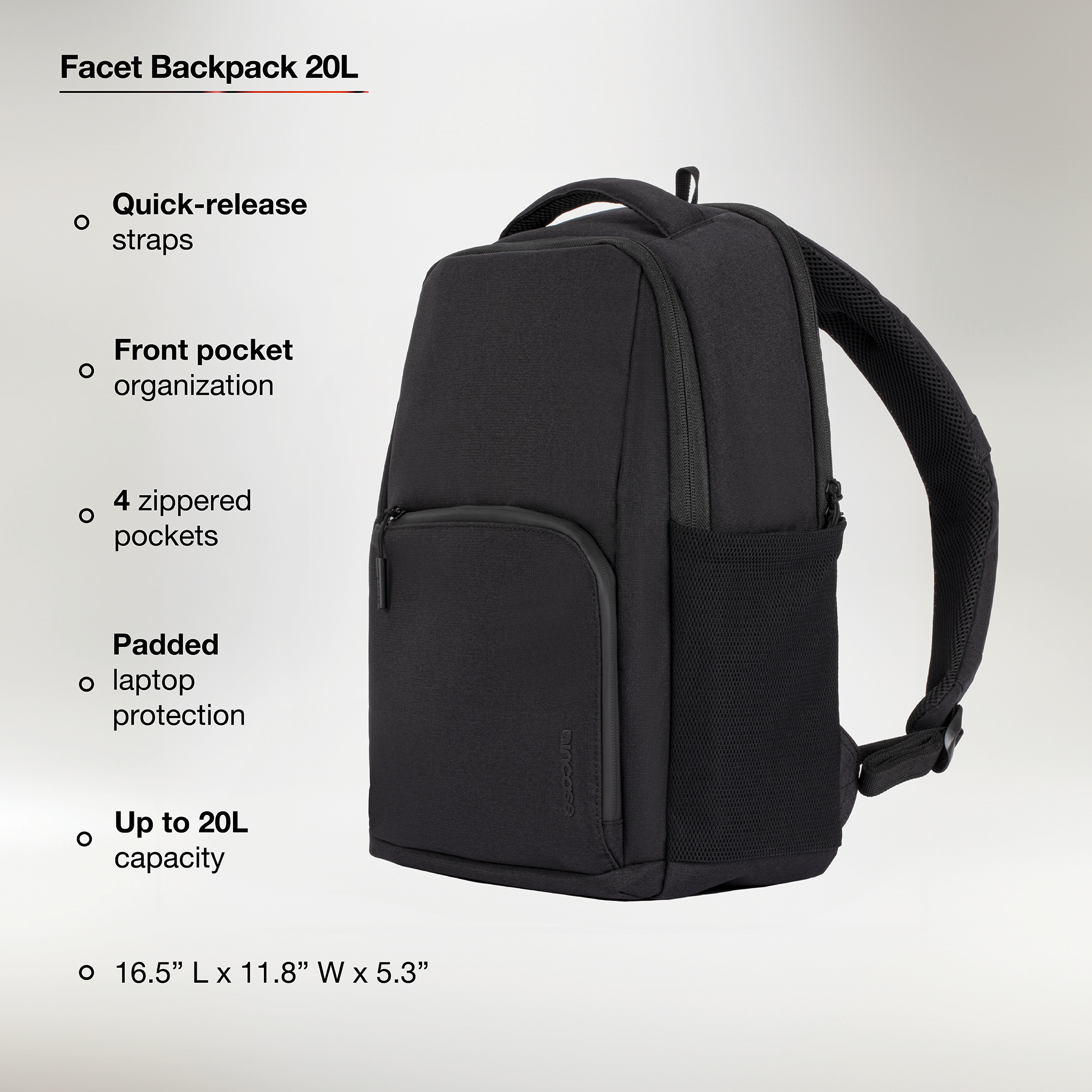 quick release straps, laptop sleeve, 5 zippered pockets, internal organization, up to 25l capacity