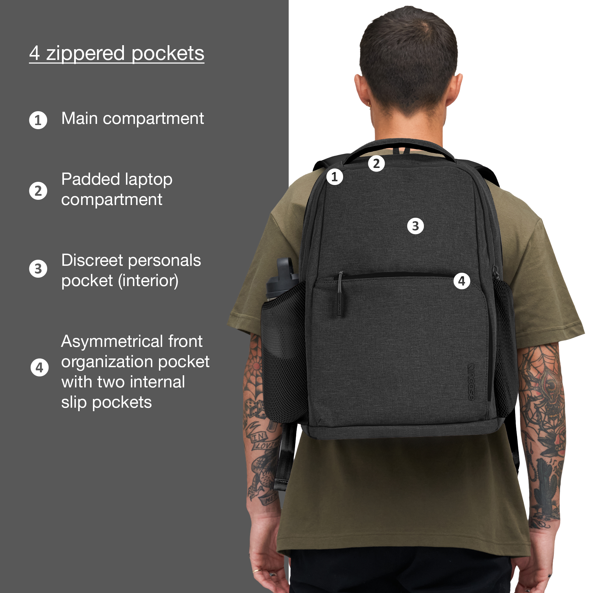 main compartment with large slip + 2 mesh pockets, dedicated laptop compartment, easy access pocket, front top pocket organization, front bottom pocket organization