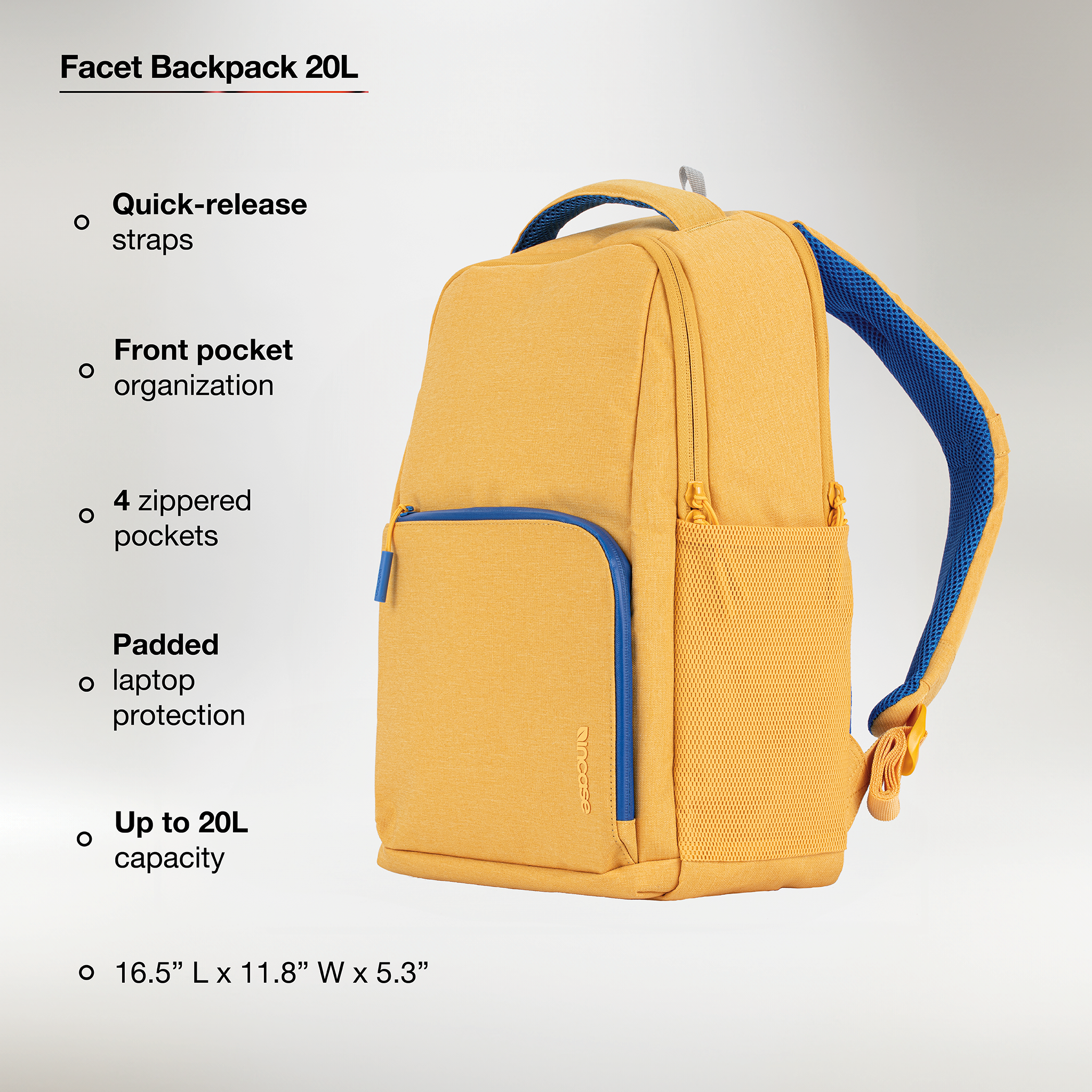 quick release straps, laptop sleeve, 5 zippered pockets, internal organization, up to 25l capacity