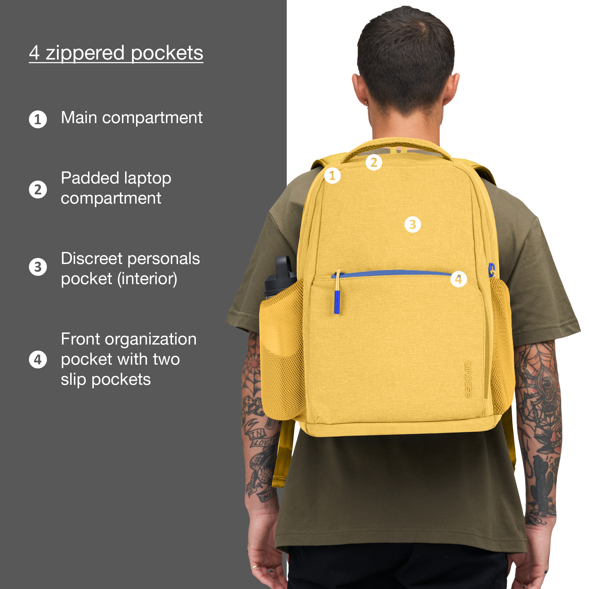 main compartment with large slip + 2 mesh pockets, dedicated laptop compartment, easy access pocket, front top pocket organization, front bottom pocket organization