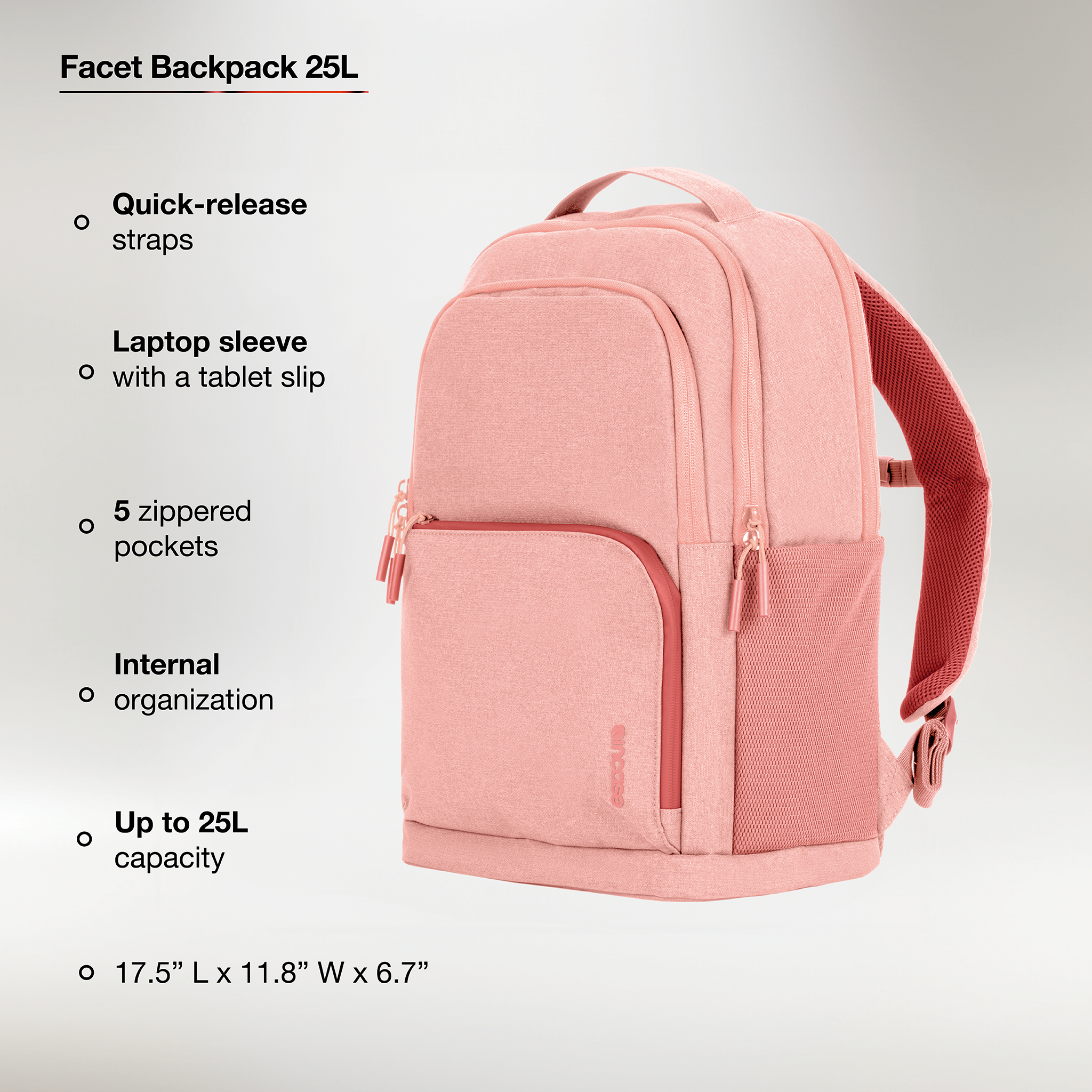 quick release straps, laptop sleeve, 5 zippered pockets, internal organization, up to 25l capacity