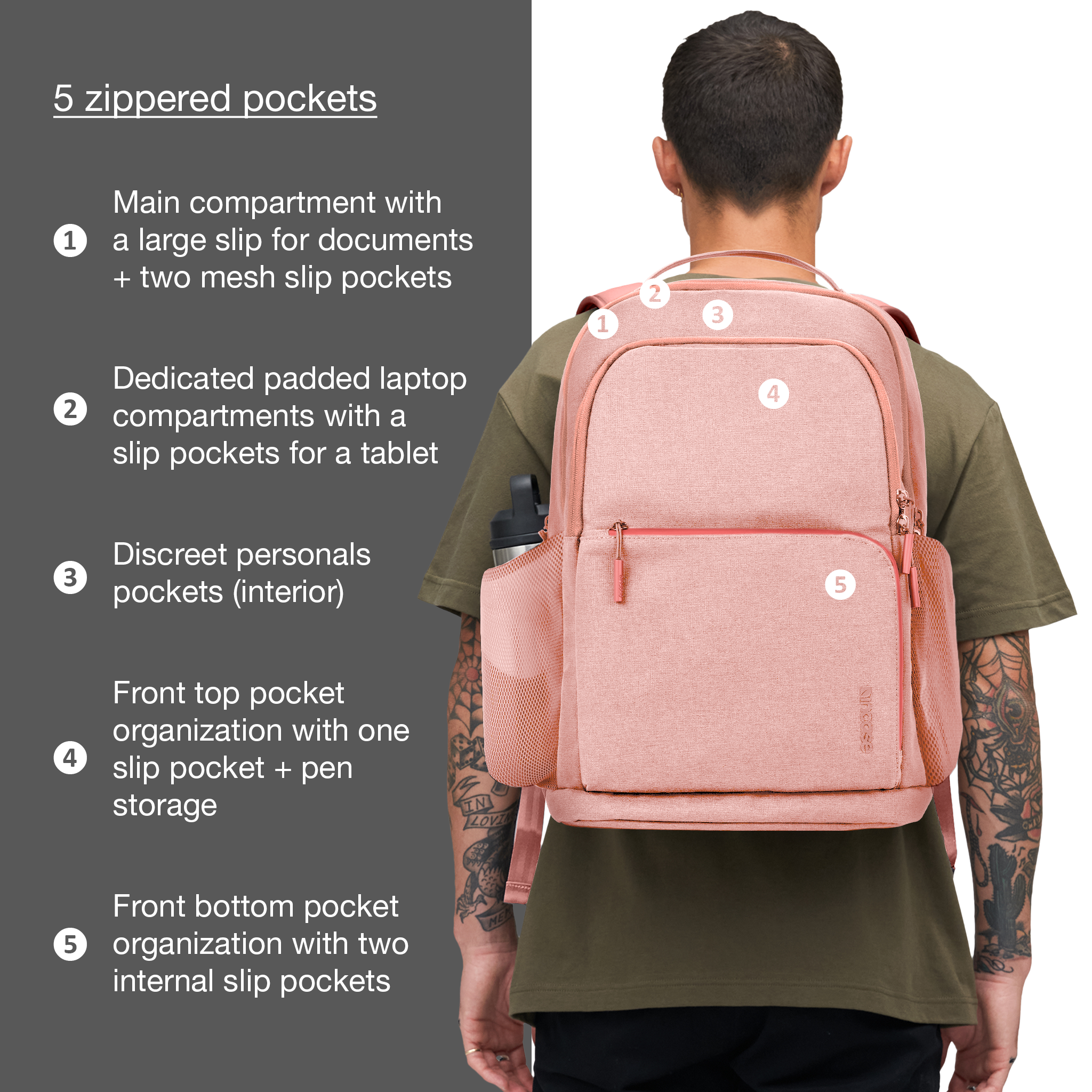 main compartment with large slip + 2 mesh pockets, dedicated laptop compartment, easy access pocket, front top pocket organization, front bottom pocket organization