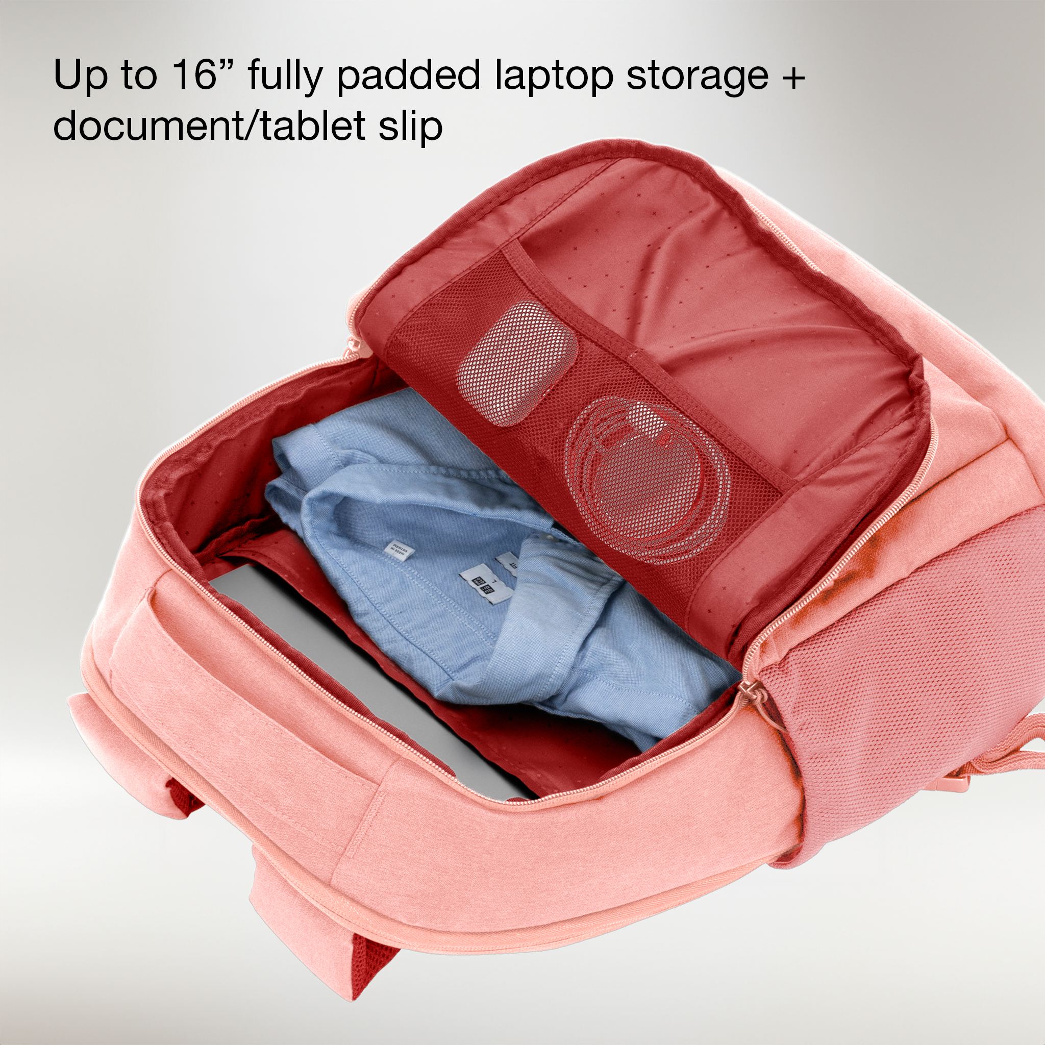 up to 16 fully padded laptop storage + document/tablet slip