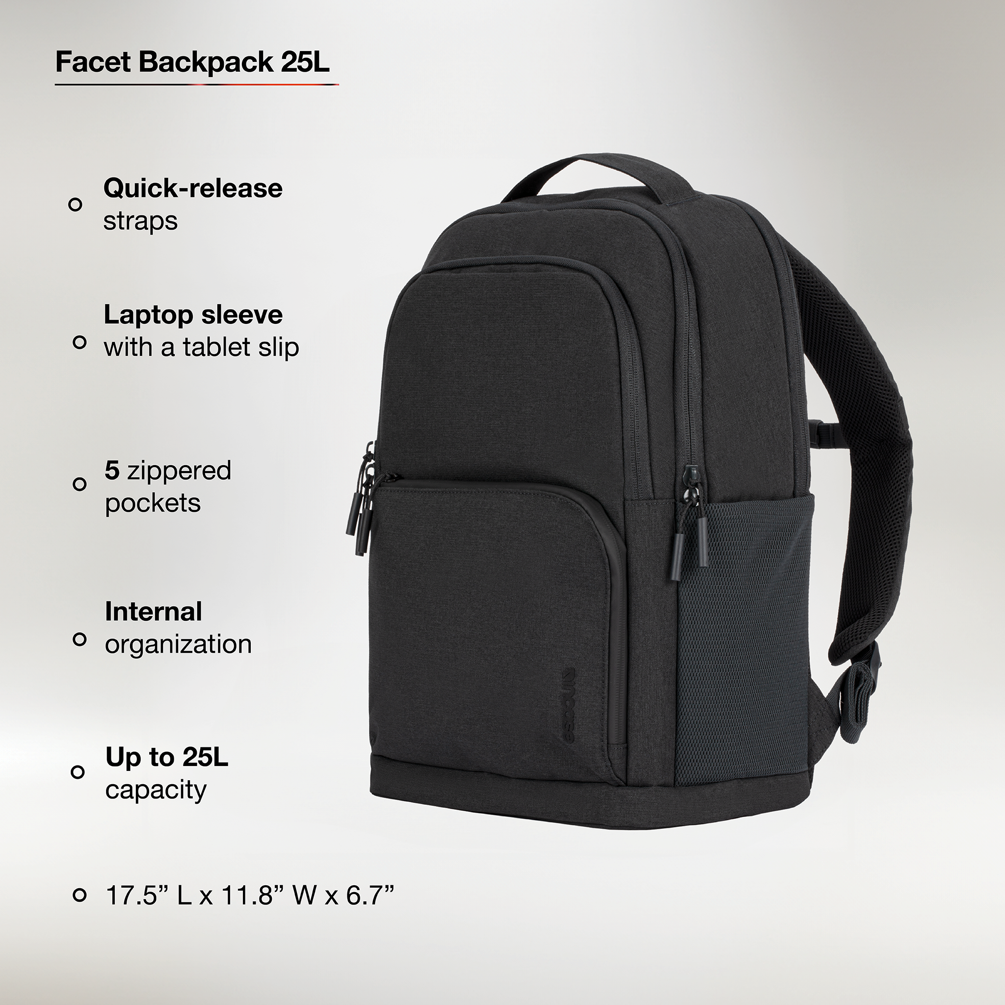 quick release straps, laptop sleeve, 5 zippered pockets, internal organization, up to 25l capacity