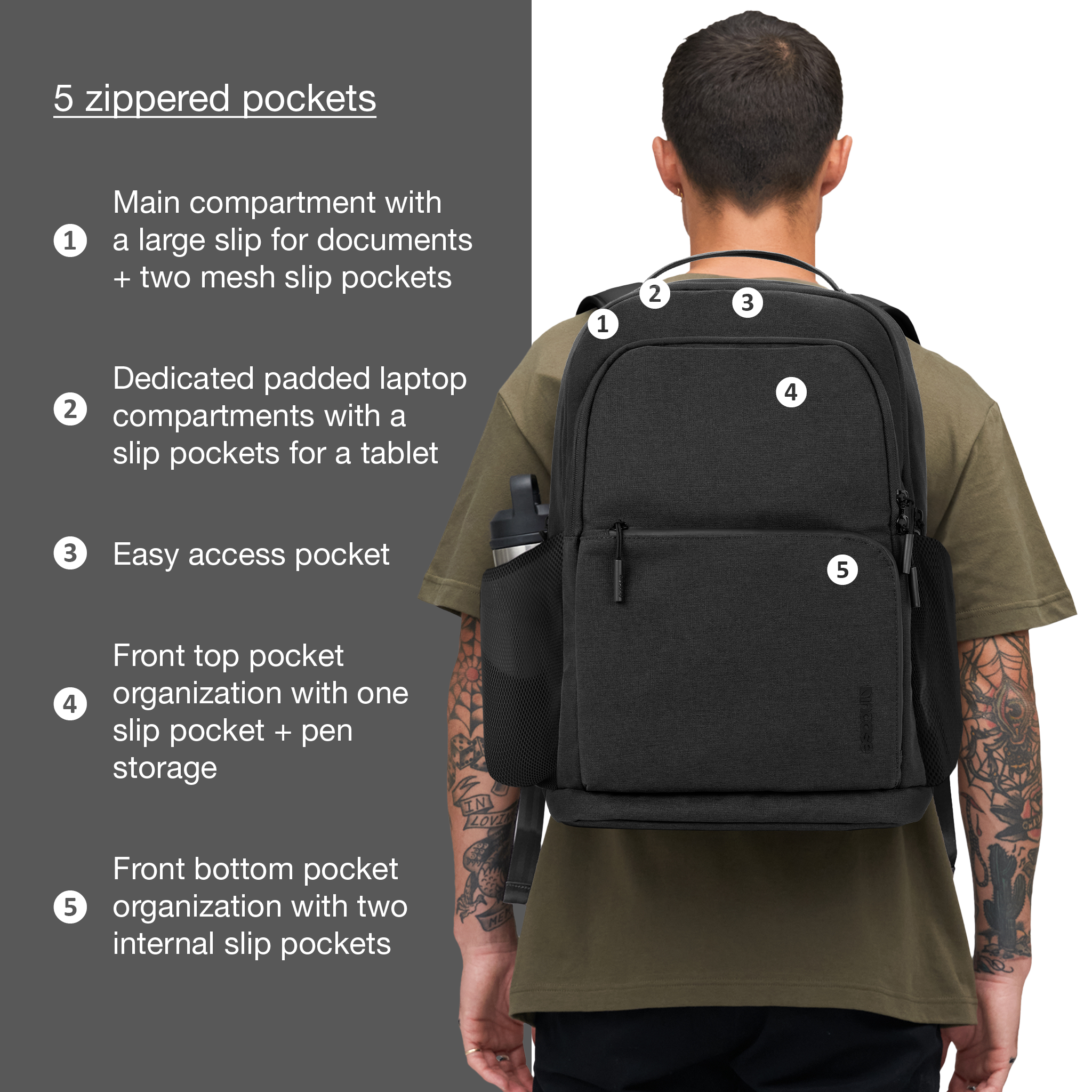 main compartment with large slip + 2 mesh pockets, dedicated laptop compartment, easy access pocket, front top pocket organization, front bottom pocket organization