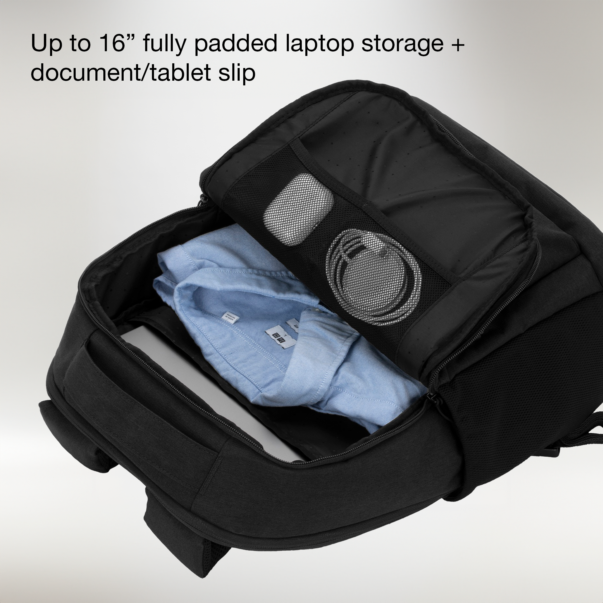 up to 16 fully padded laptop storage + document/tablet slip