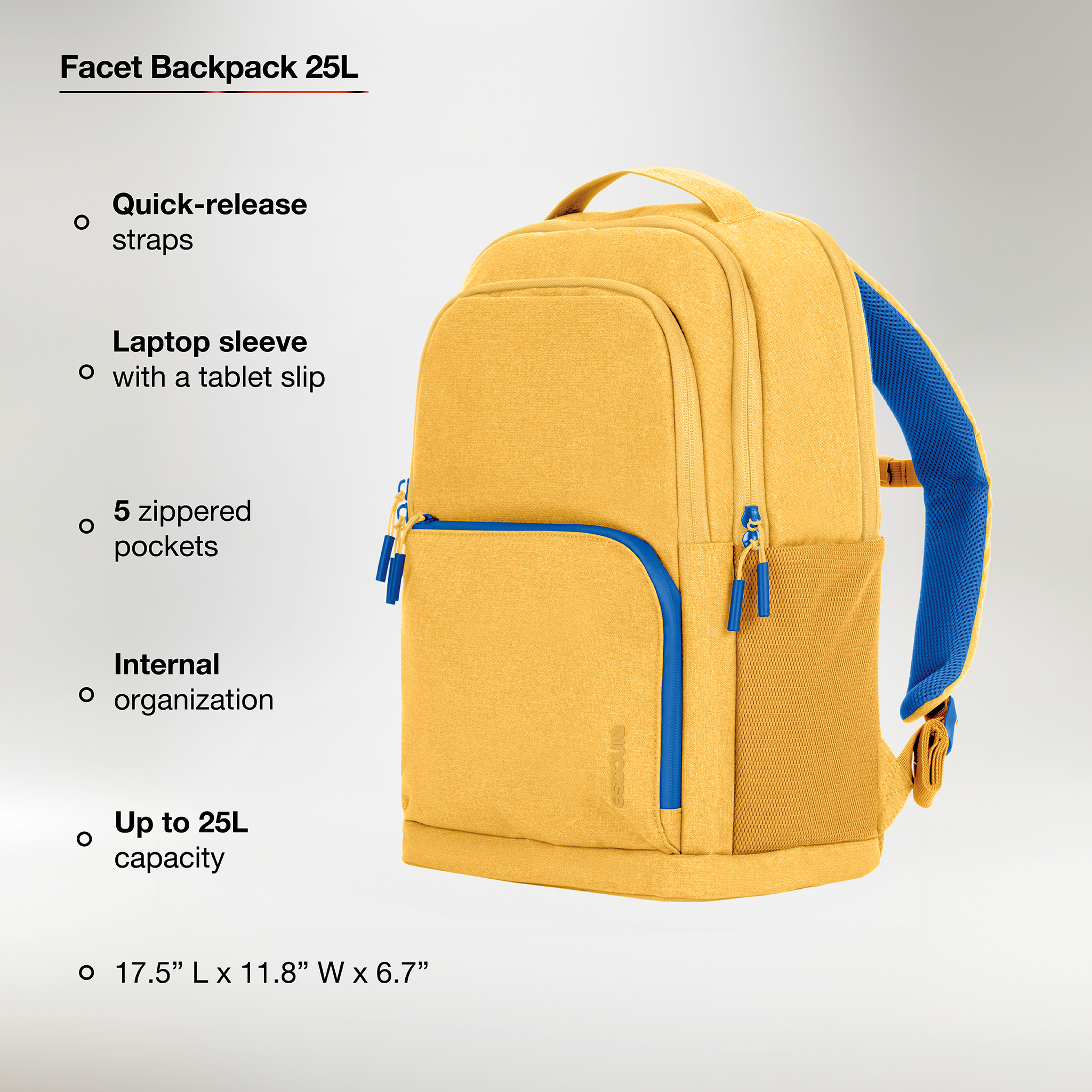 quick release straps, laptop sleeve, 5 zippered pockets, internal organization, up to 25l capacity