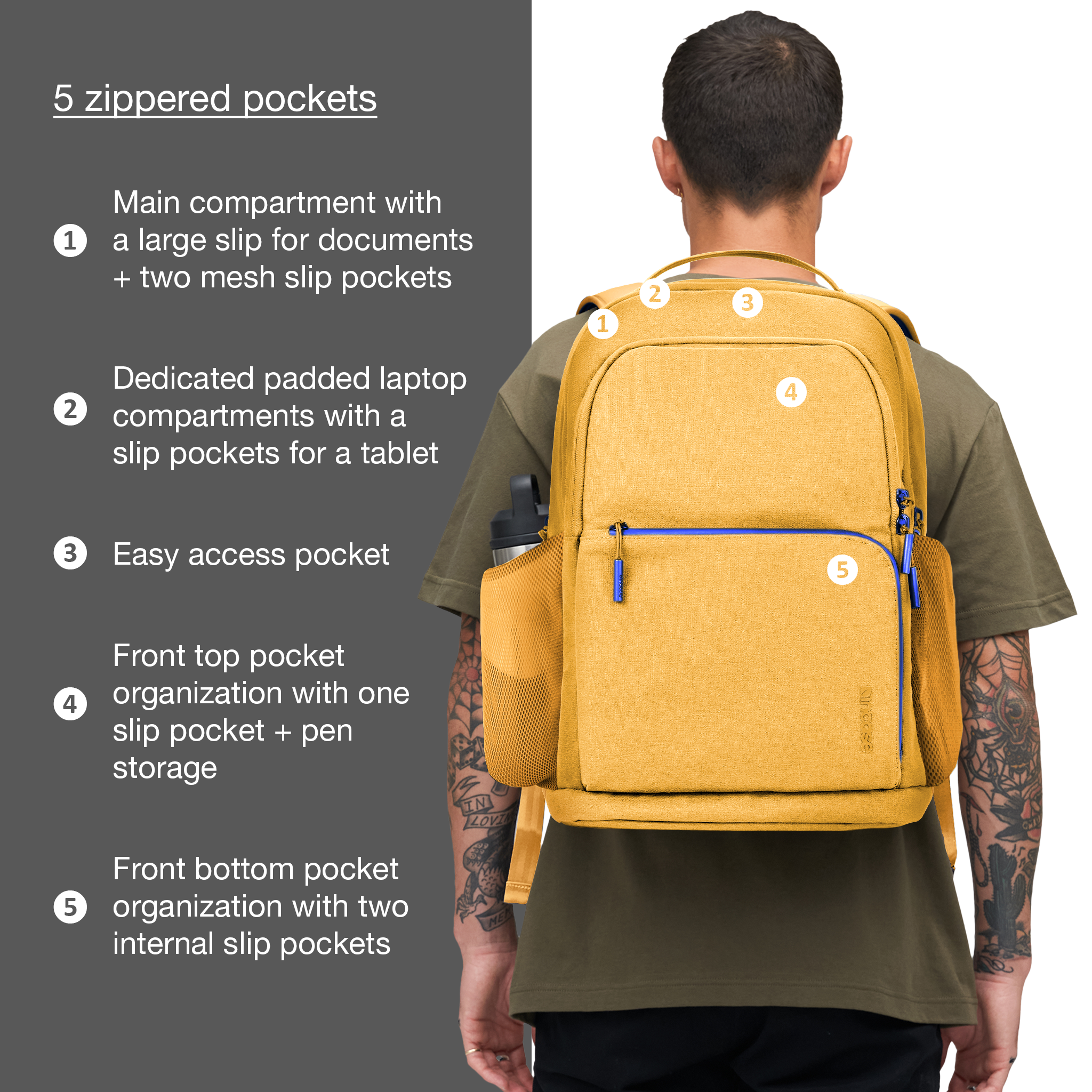 main compartment with large slip + 2 mesh pockets, dedicated laptop compartment, easy access pocket, front top pocket organization, front bottom pocket organization