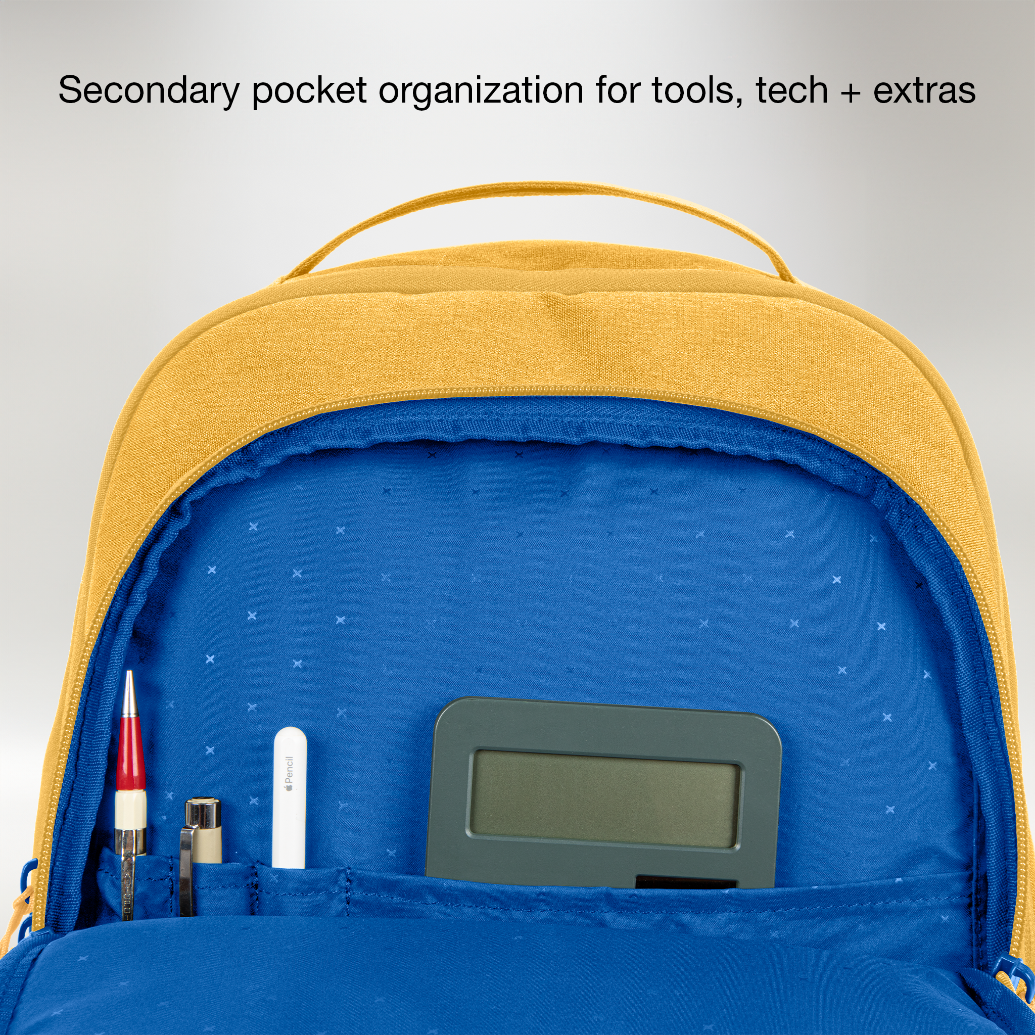 secondary pocket organization for tools, tech + extras