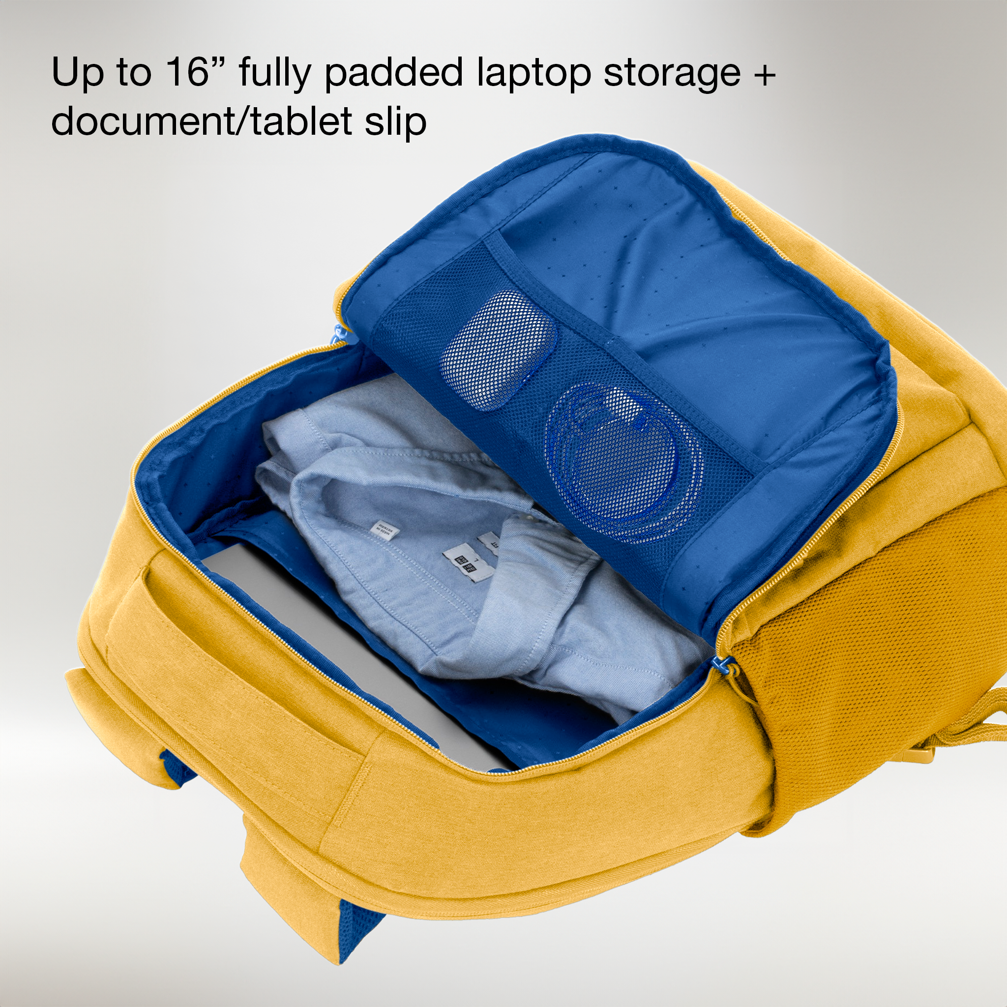 up to 16 fully padded laptop storage + document/tablet slip