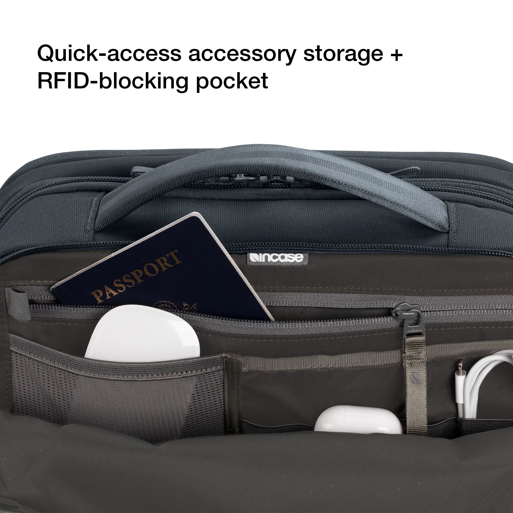 quick-access accessory storage and RFID blocking pocket