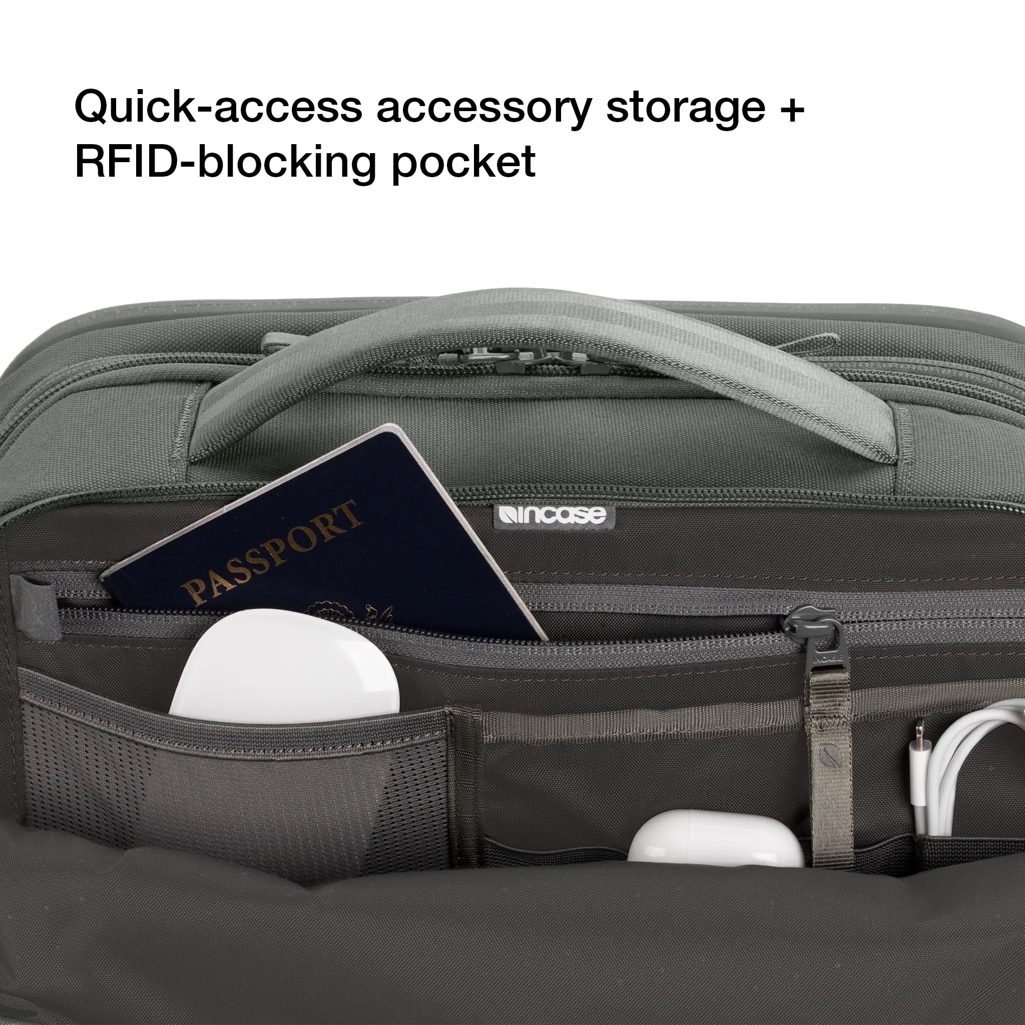 quick-access accessory storage and RFID blocking pocket