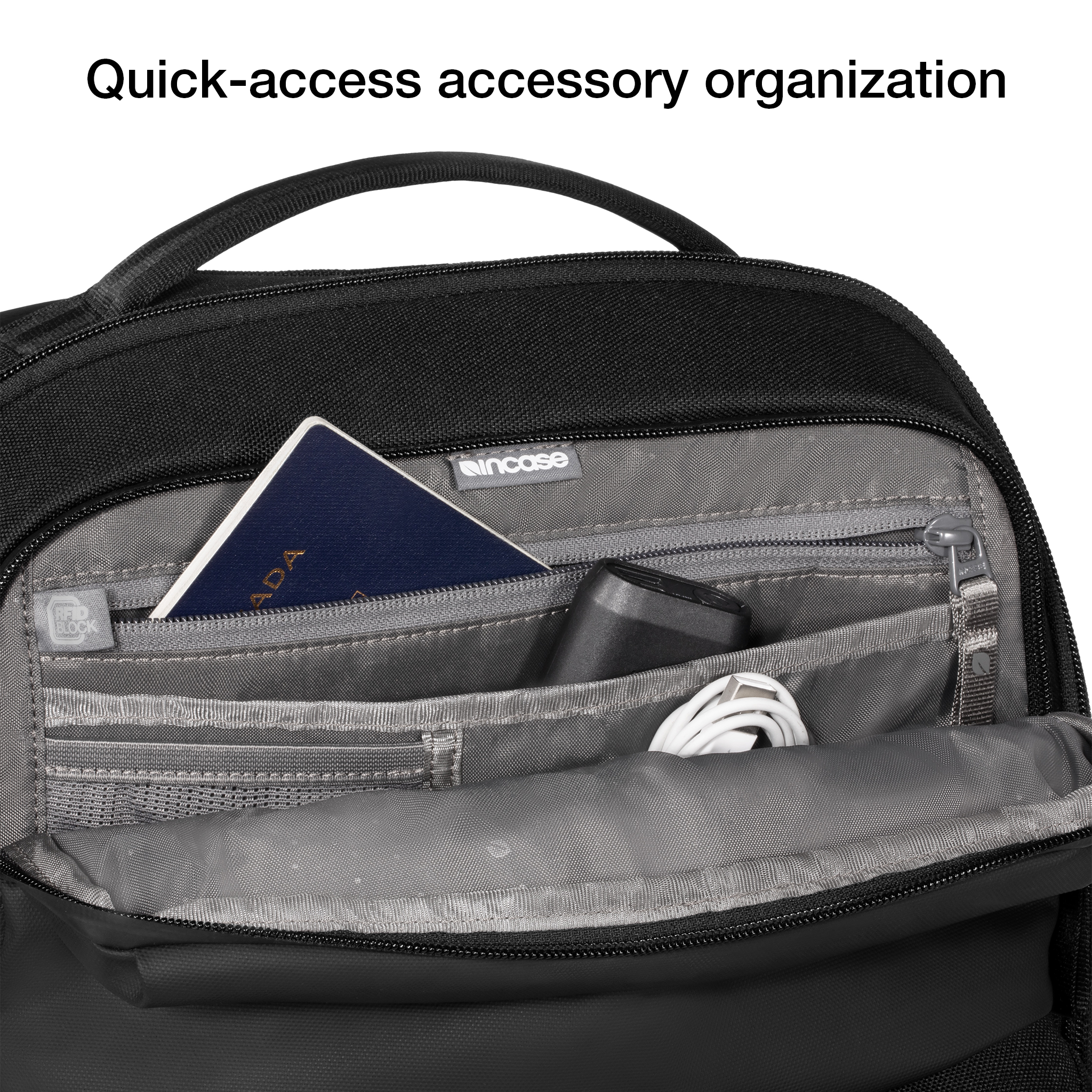 quick-access accessory storage and RFID blocking pocket