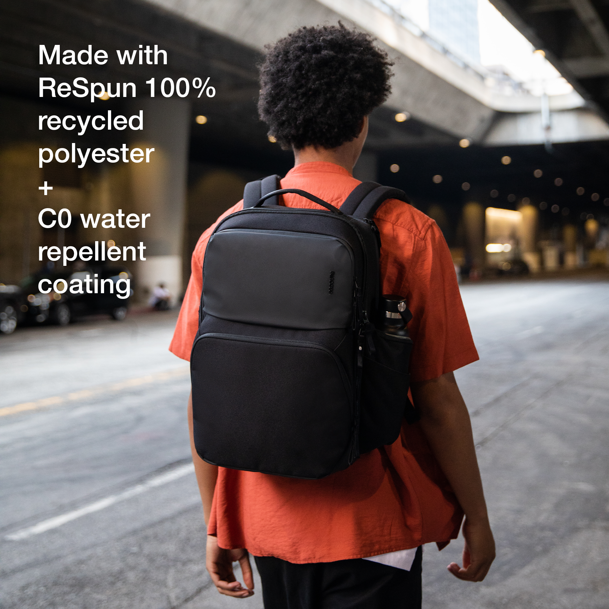 made with respun 100% recycled polyester and C0 water prellant coating