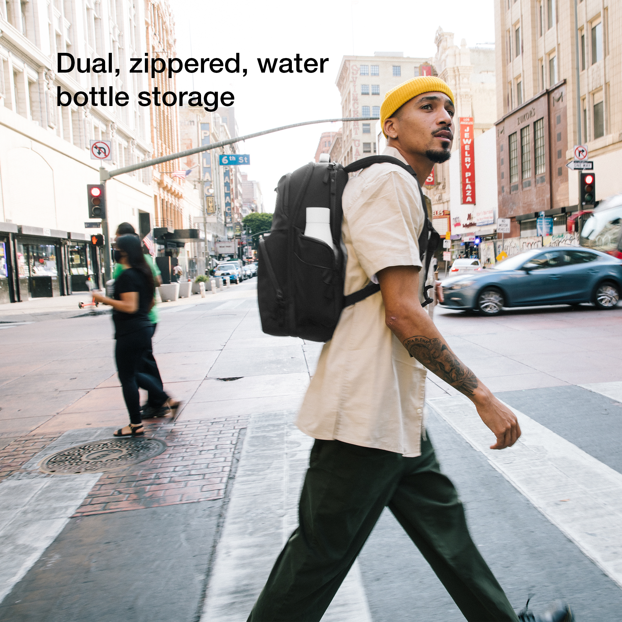 dual, zippered, water bottle storage