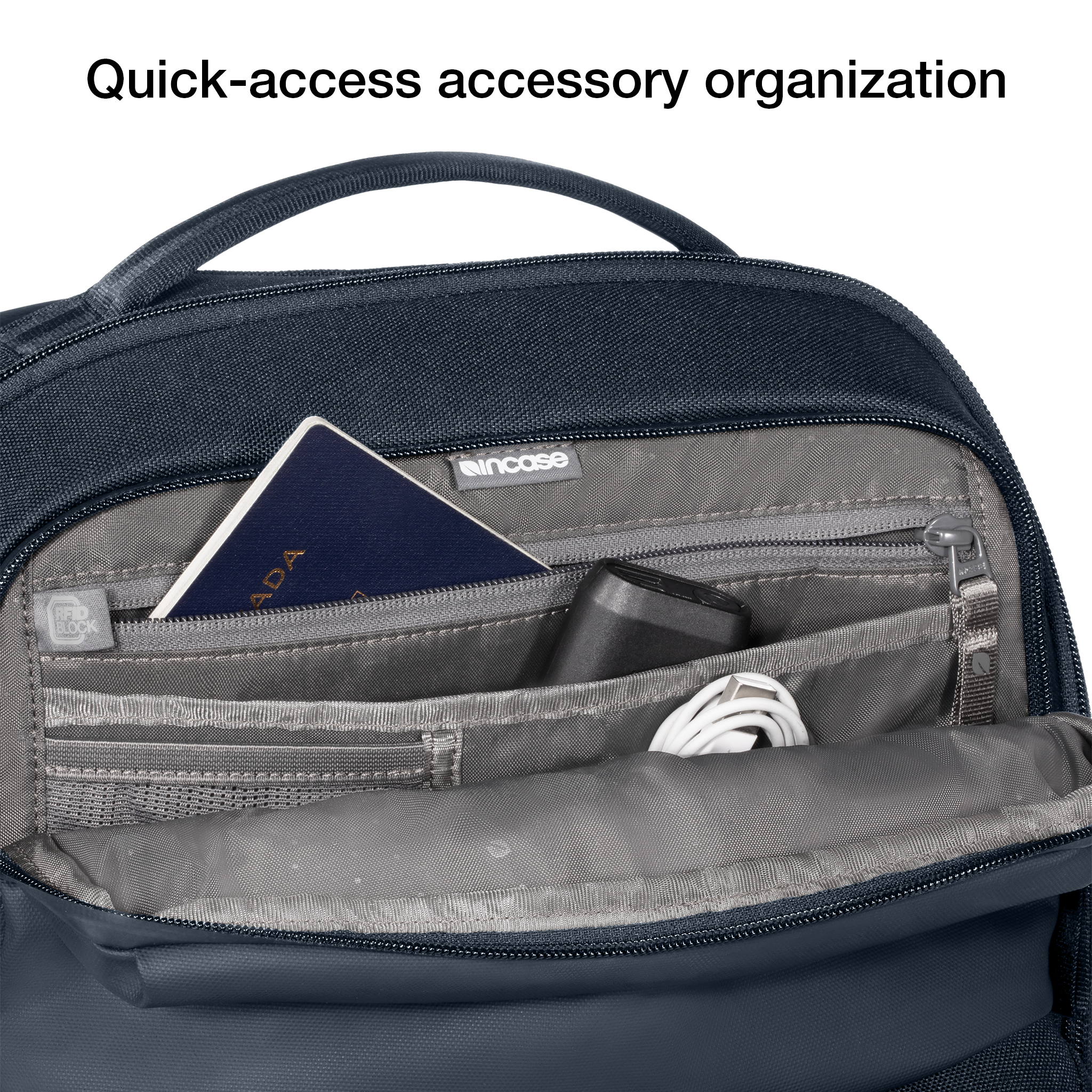 quick-access accessory storage and RFID blocking pocket