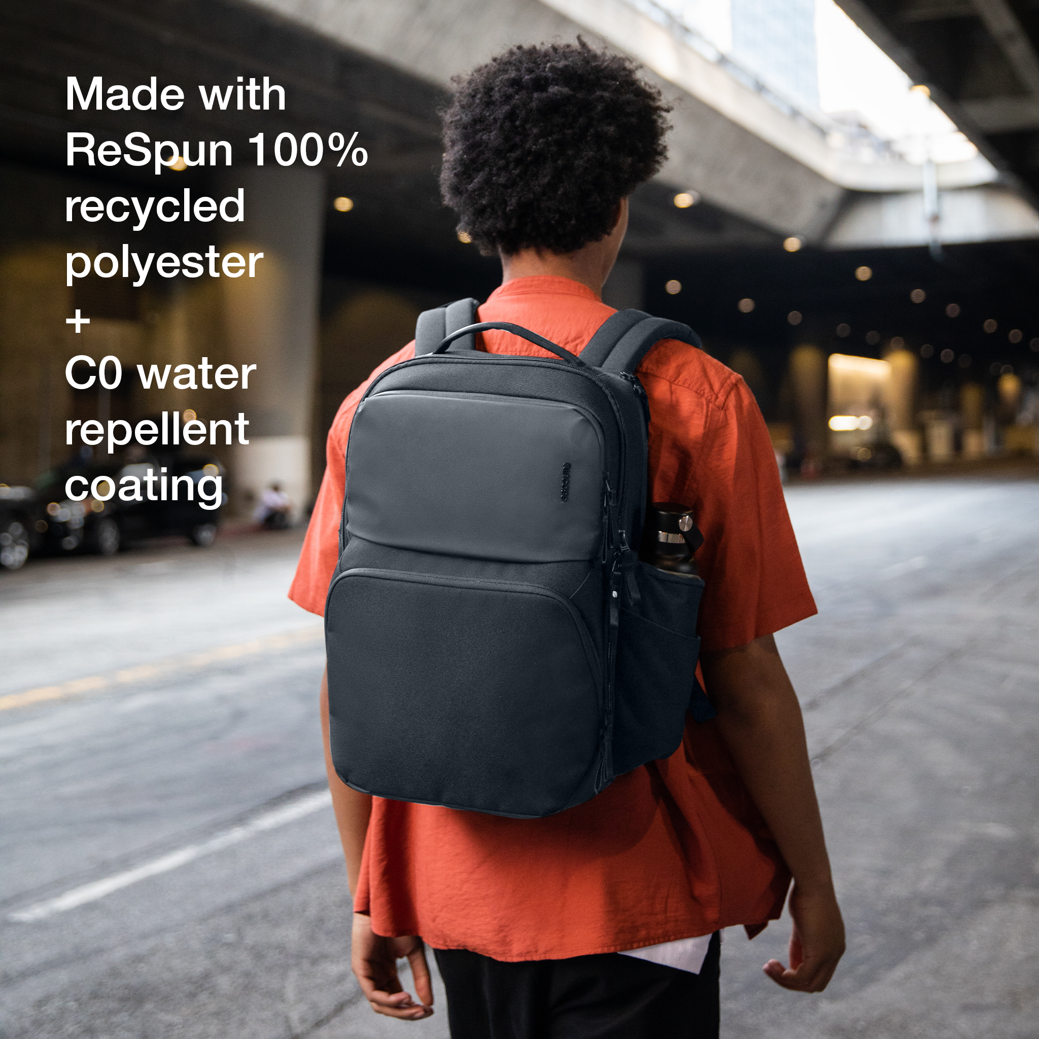 made with respun 100% recycled polyester and C0 water prellant coating
