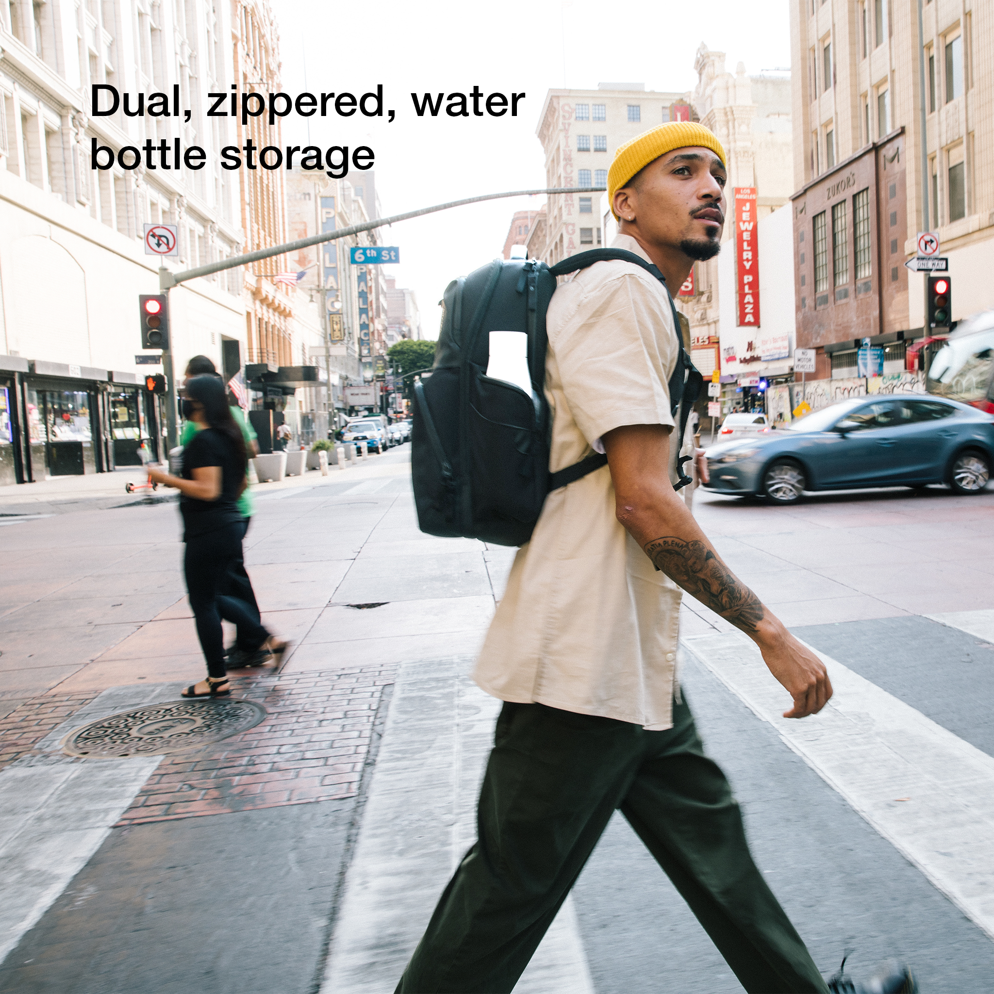dual, zippered, water bottle storage