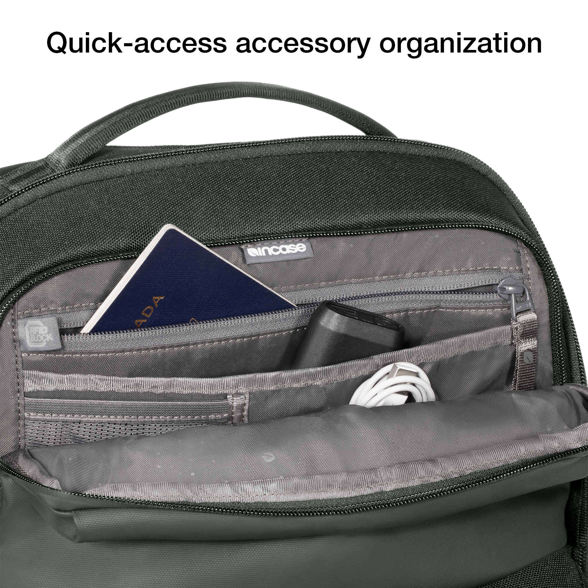 quick-access accessory storage and RFID blocking pocket