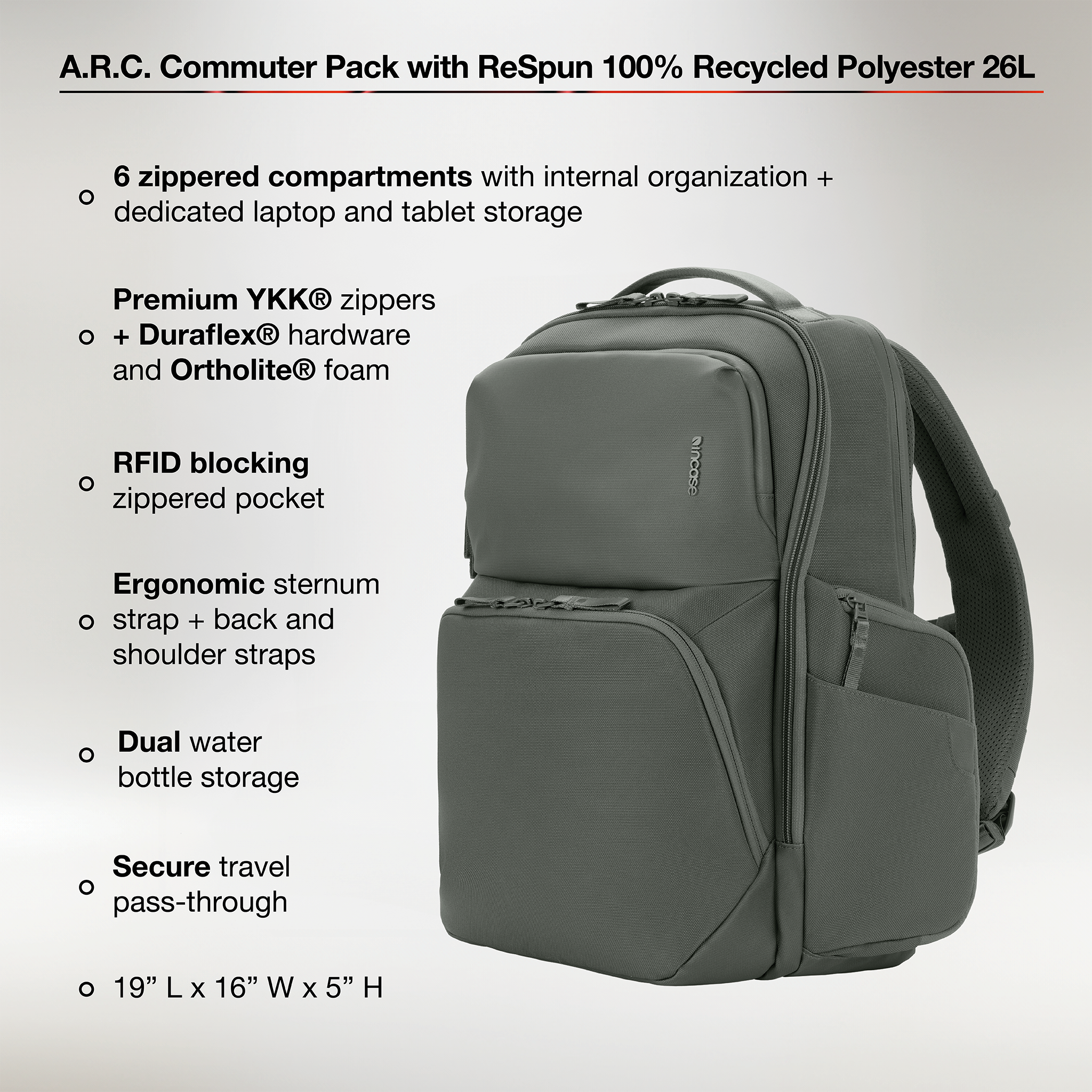 6 zippered compartments with internal organization and dedicated laptop/tablet story. Premium ykk® zippers and duraflex® hardware and ortholite® foam. Ergonomic sternanum strap and back and forth shoulder straps. Dual water bottle storage. Secure travel pass-through. 19" x 16" x 5"