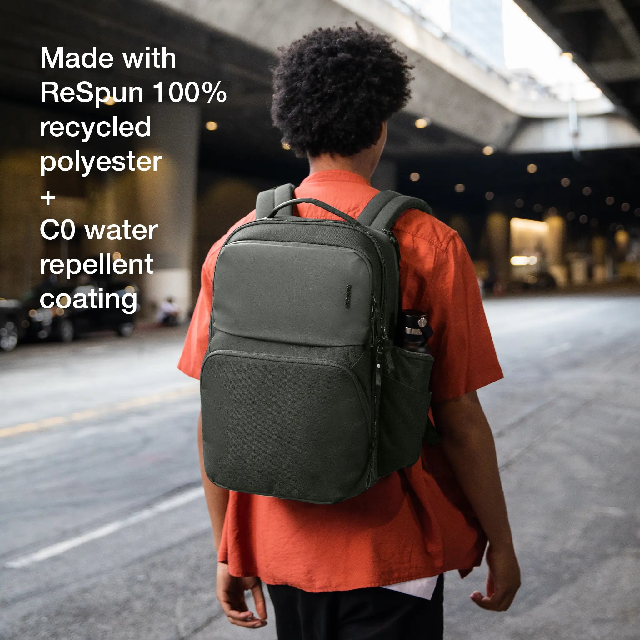 made with respun 100% recycled polyester and C0 water prellant coating