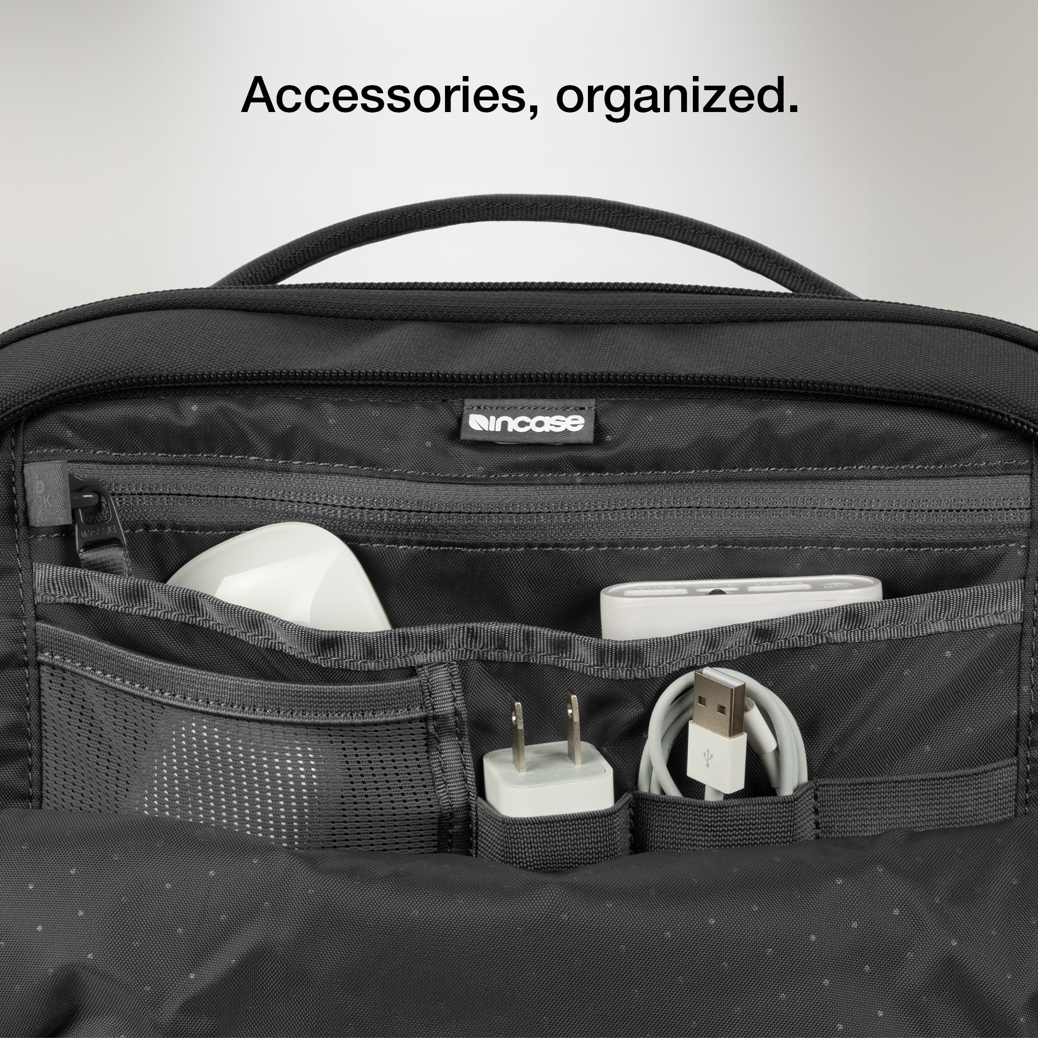 accessorries organized in pockets and sleeves