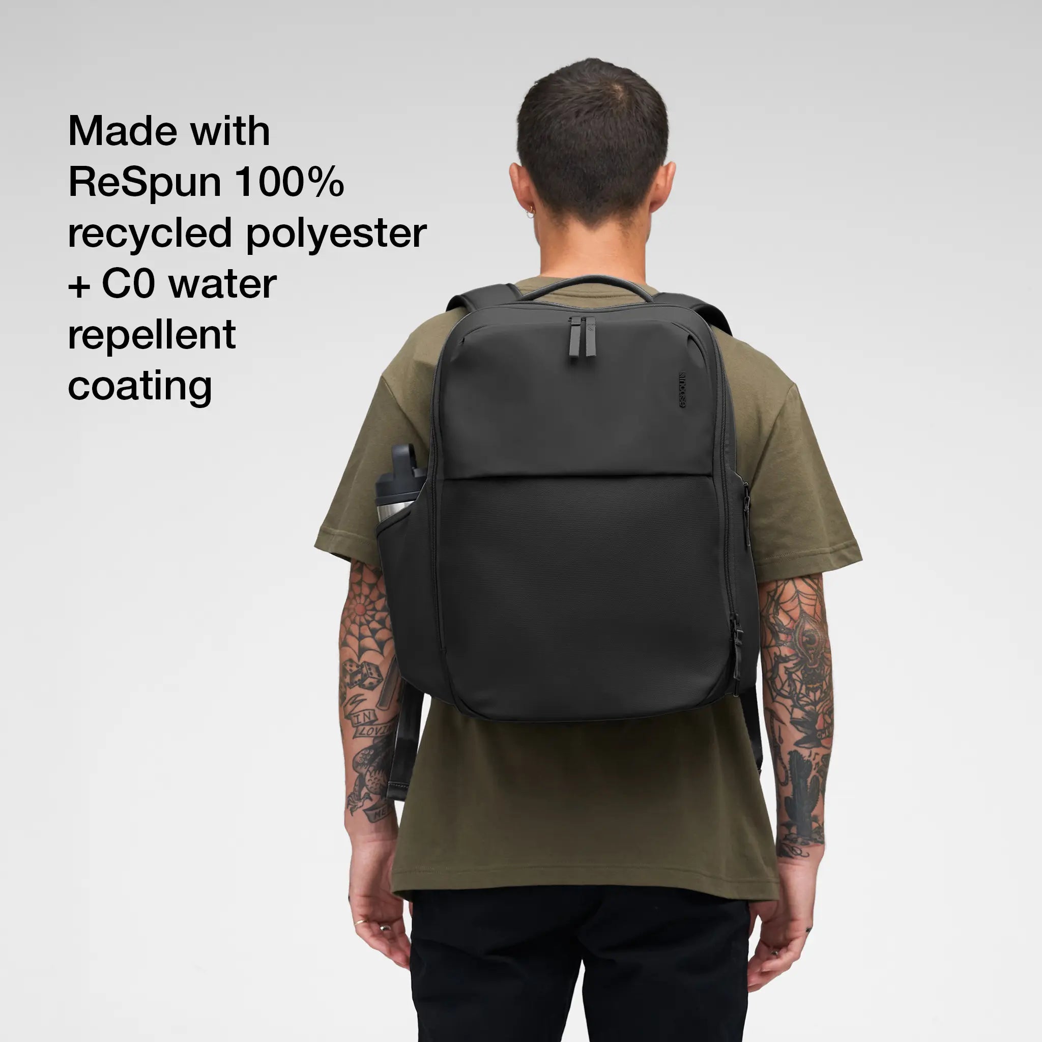 made with respun 100% recycled polyester and C0 water prellant coating