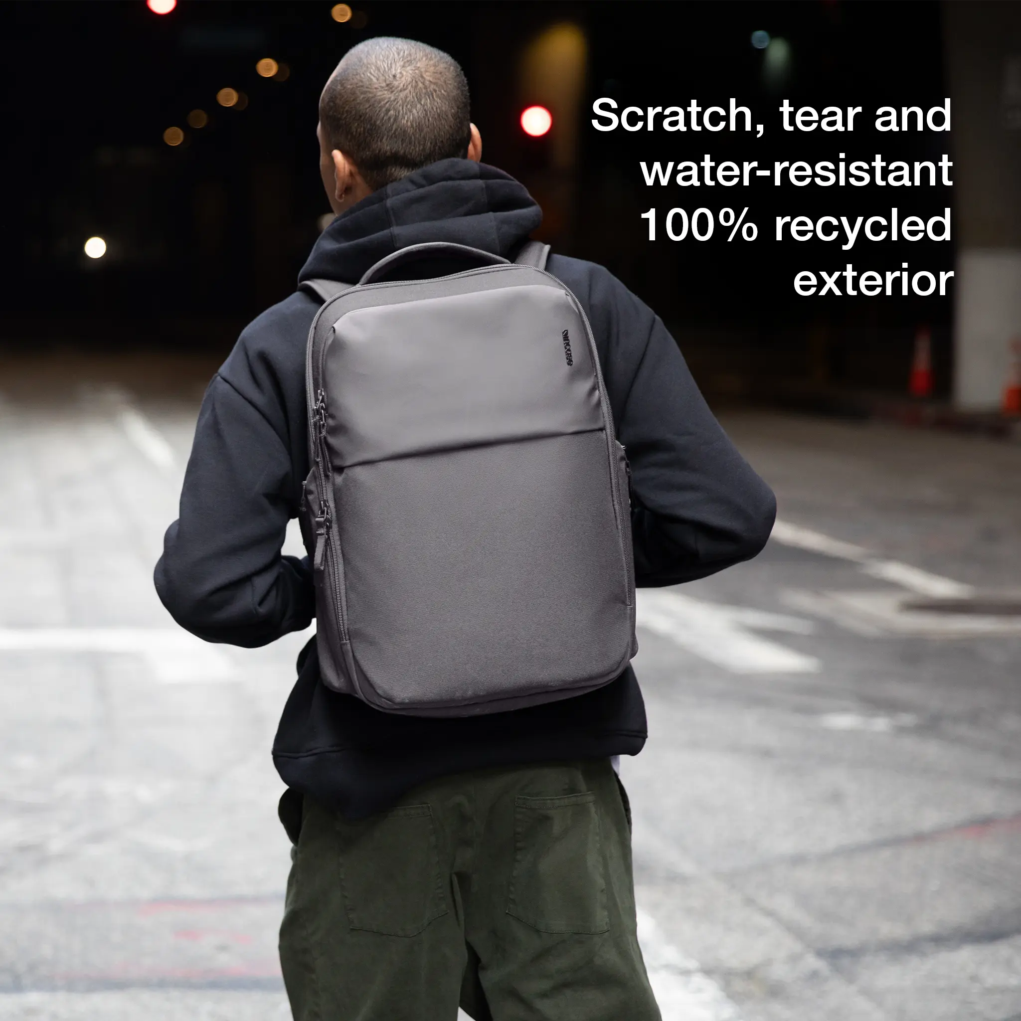 scratch, tear, and water-resistant 100% recycled exterior