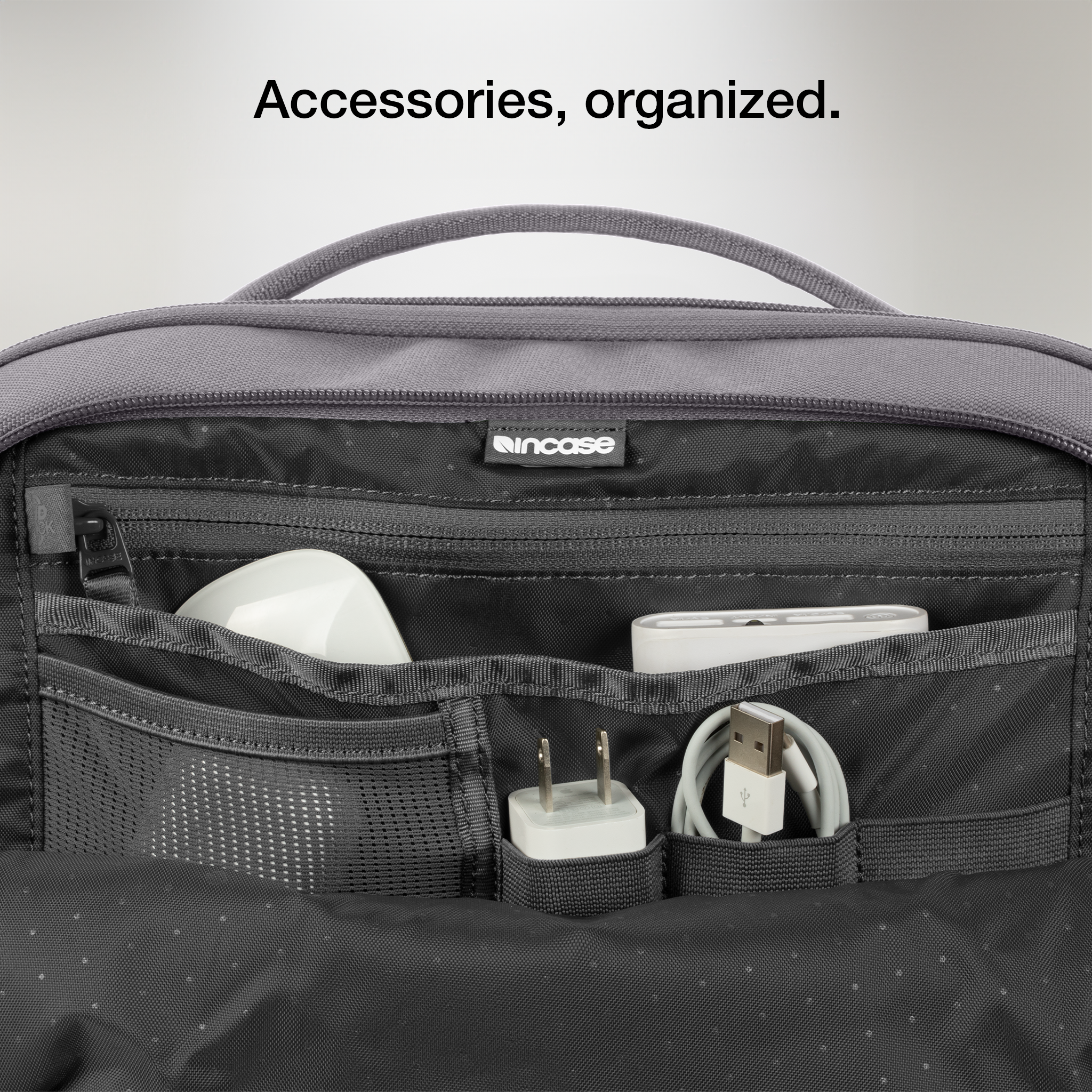 accessorries organized in pockets and sleeves