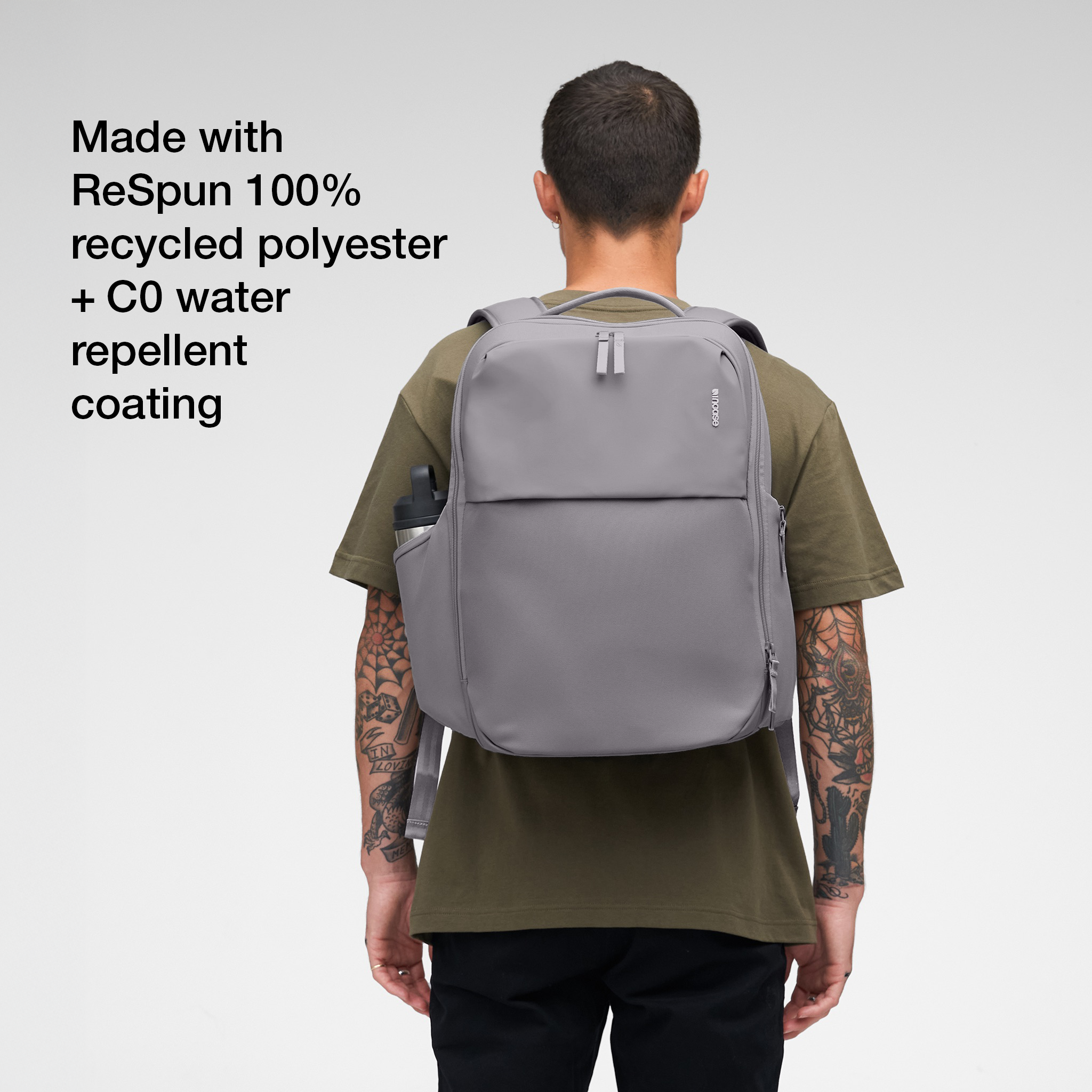 made with respun 100% recycled polyester and C0 water prellant coating