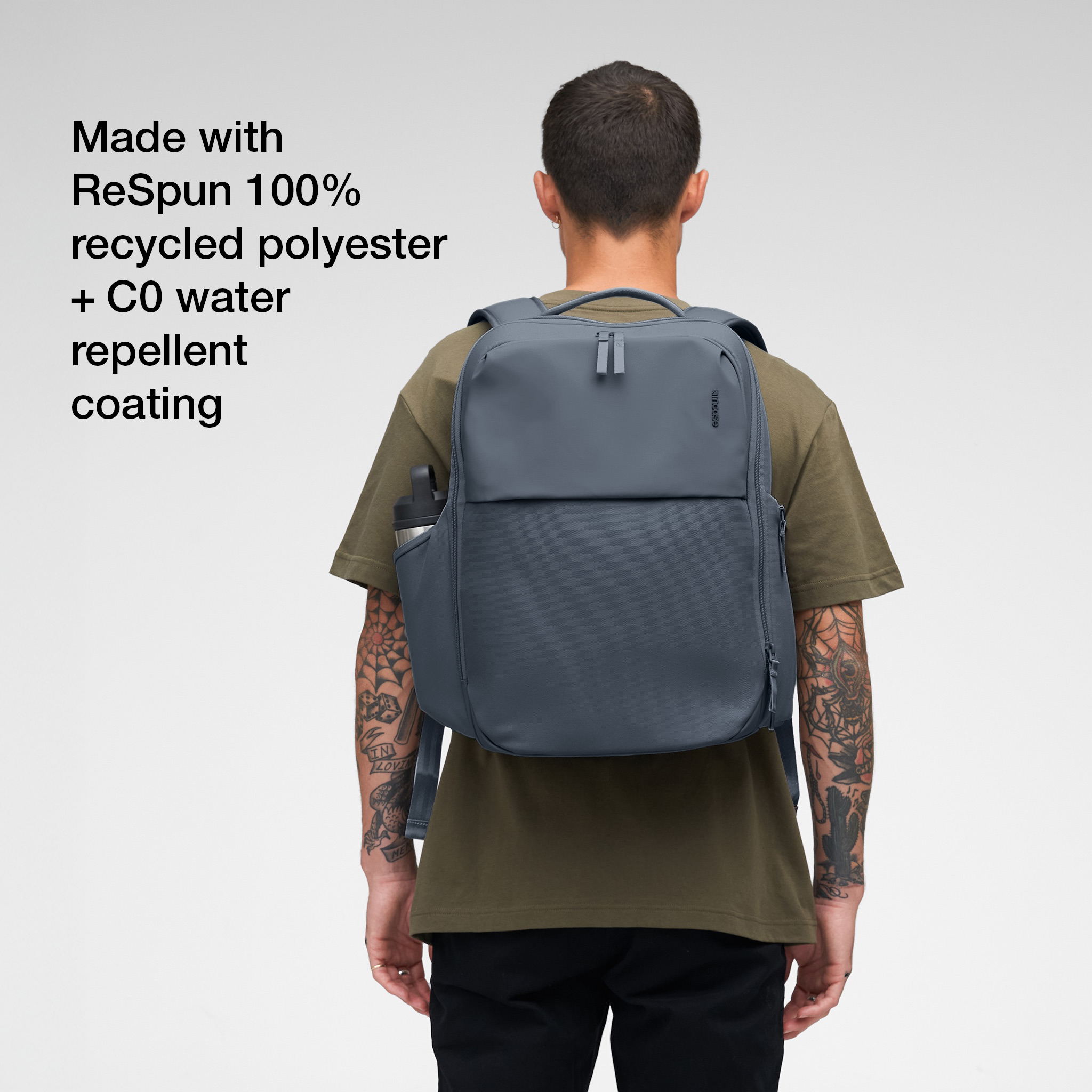 made with respun 100% recycled polyester and C0 water prellant coating
