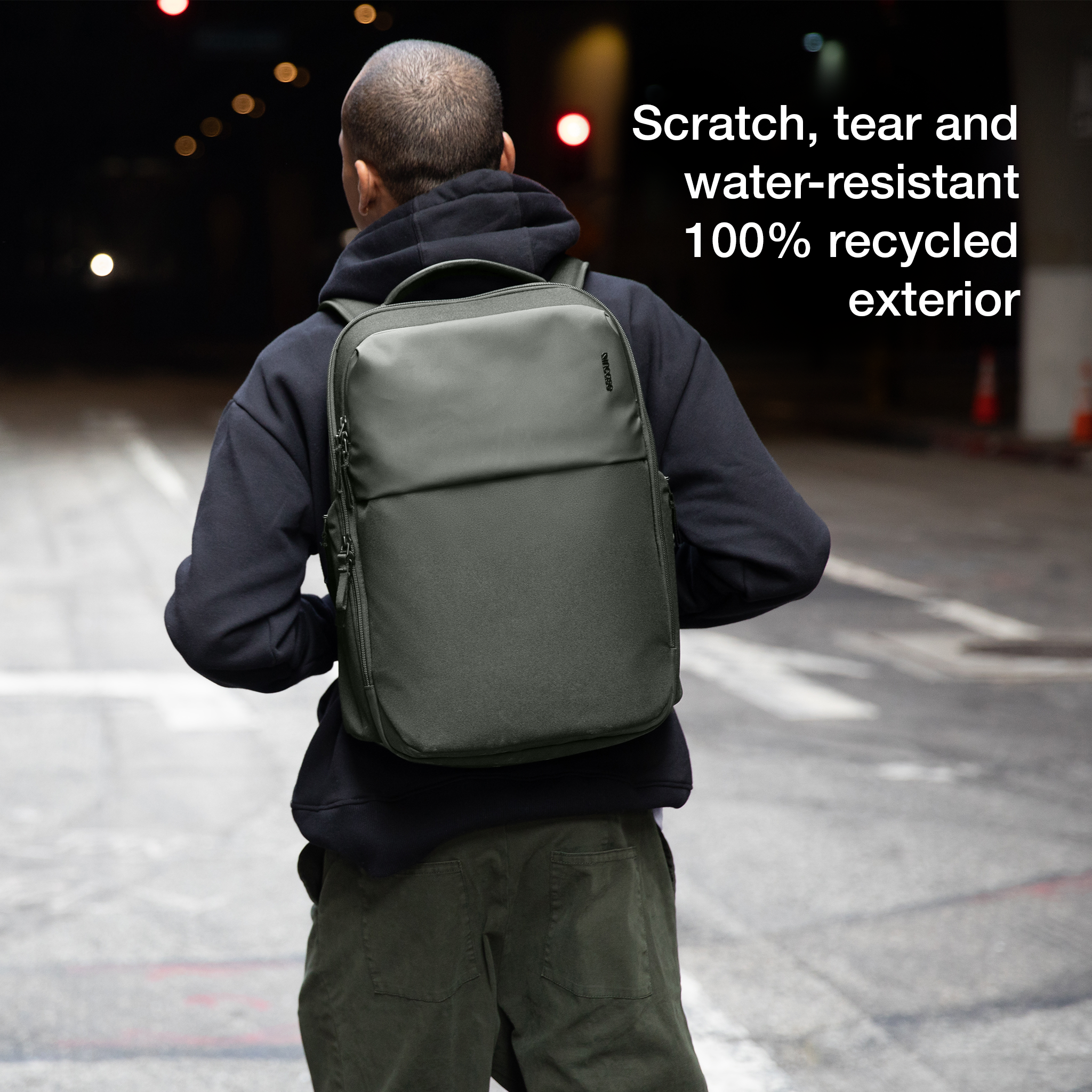 scratch, tear, and water-resistant 100% recycled exterior