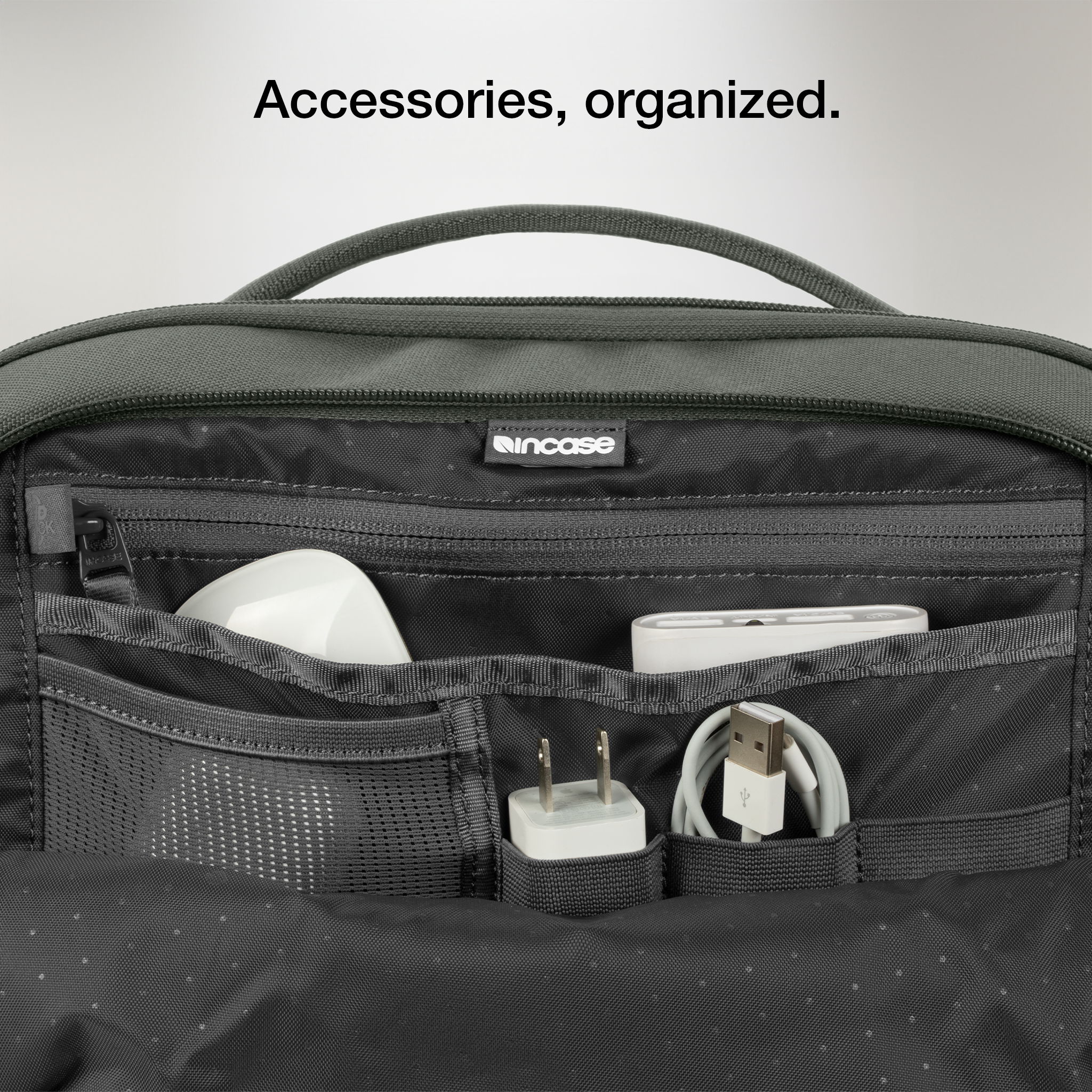 accessorries organized in pockets and sleeves