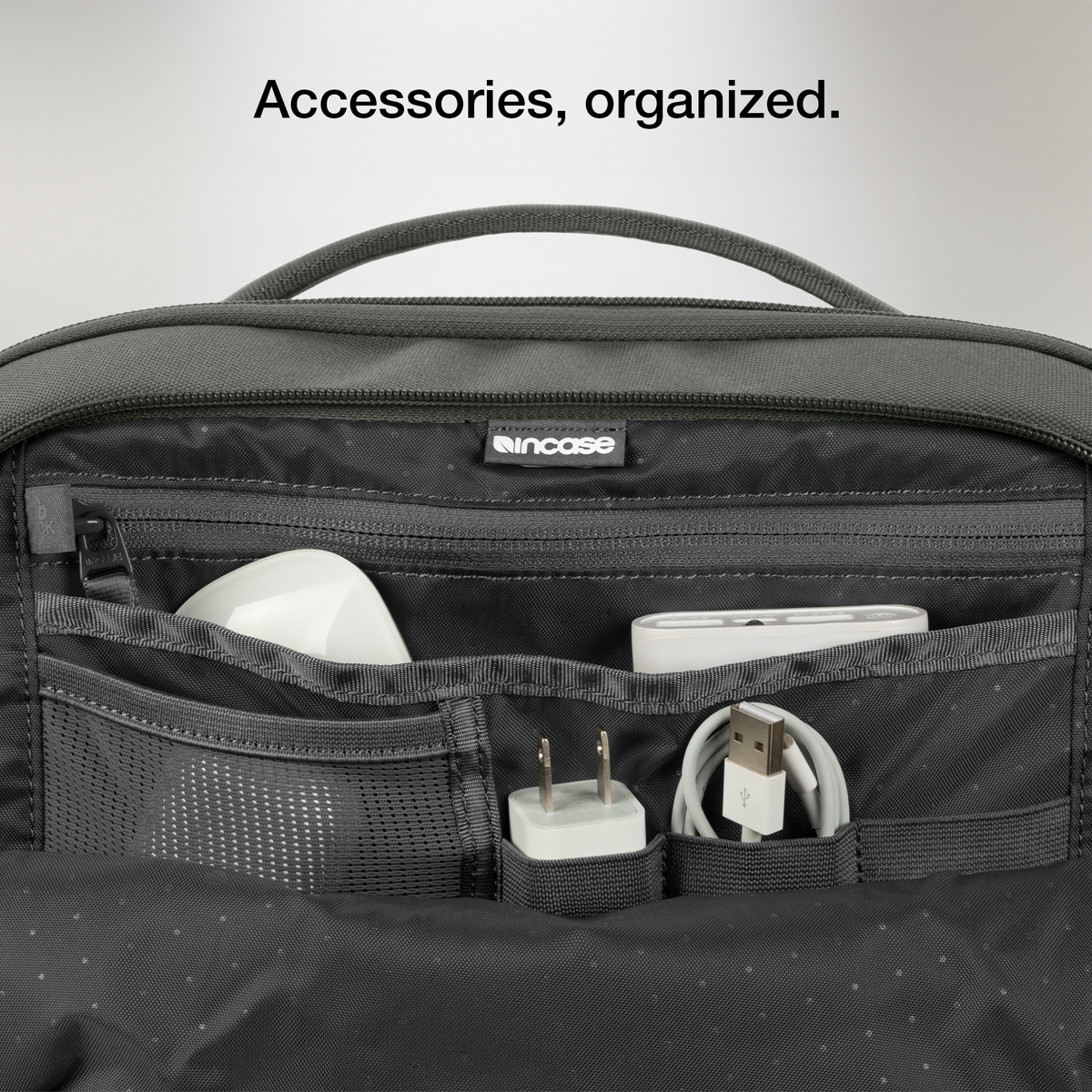 accessorries organized in pockets and sleeves