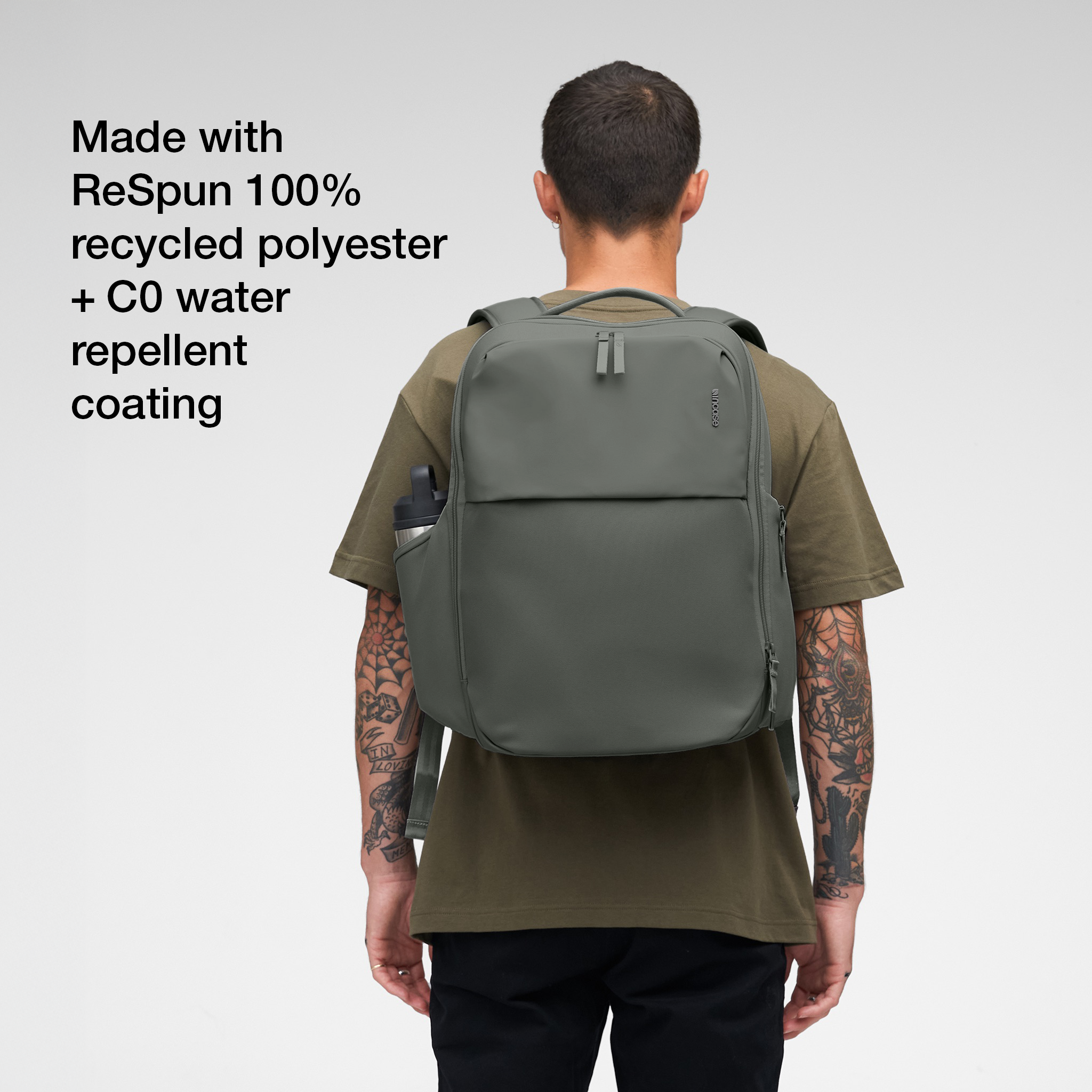 made with respun 100% recycled polyester and C0 water prellant coating