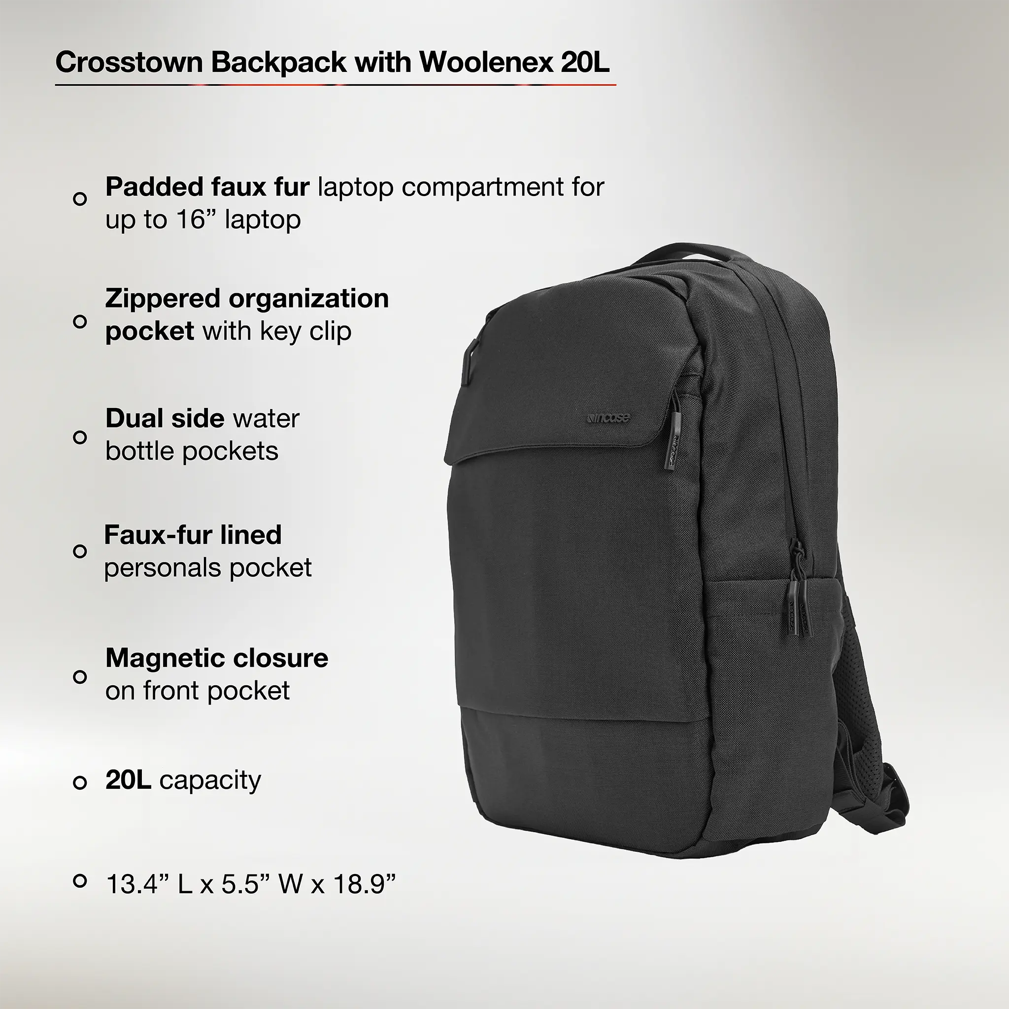 Crosstown Backpack with Woolenex 20L Incase with feature bullets describing advertised features of the bag