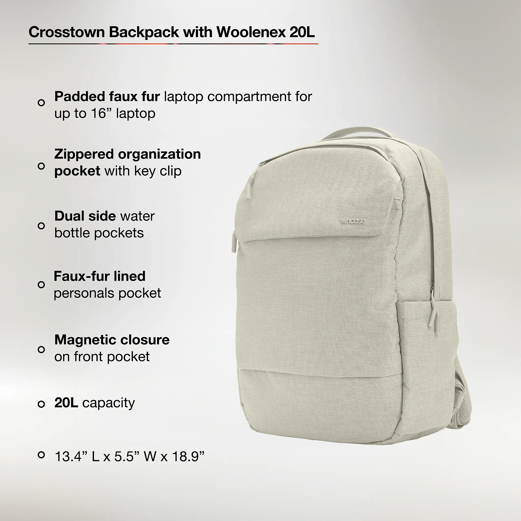 Crosstown Backpack with Woolenex 20L Incase with feature bullets describing advertised features of the bag