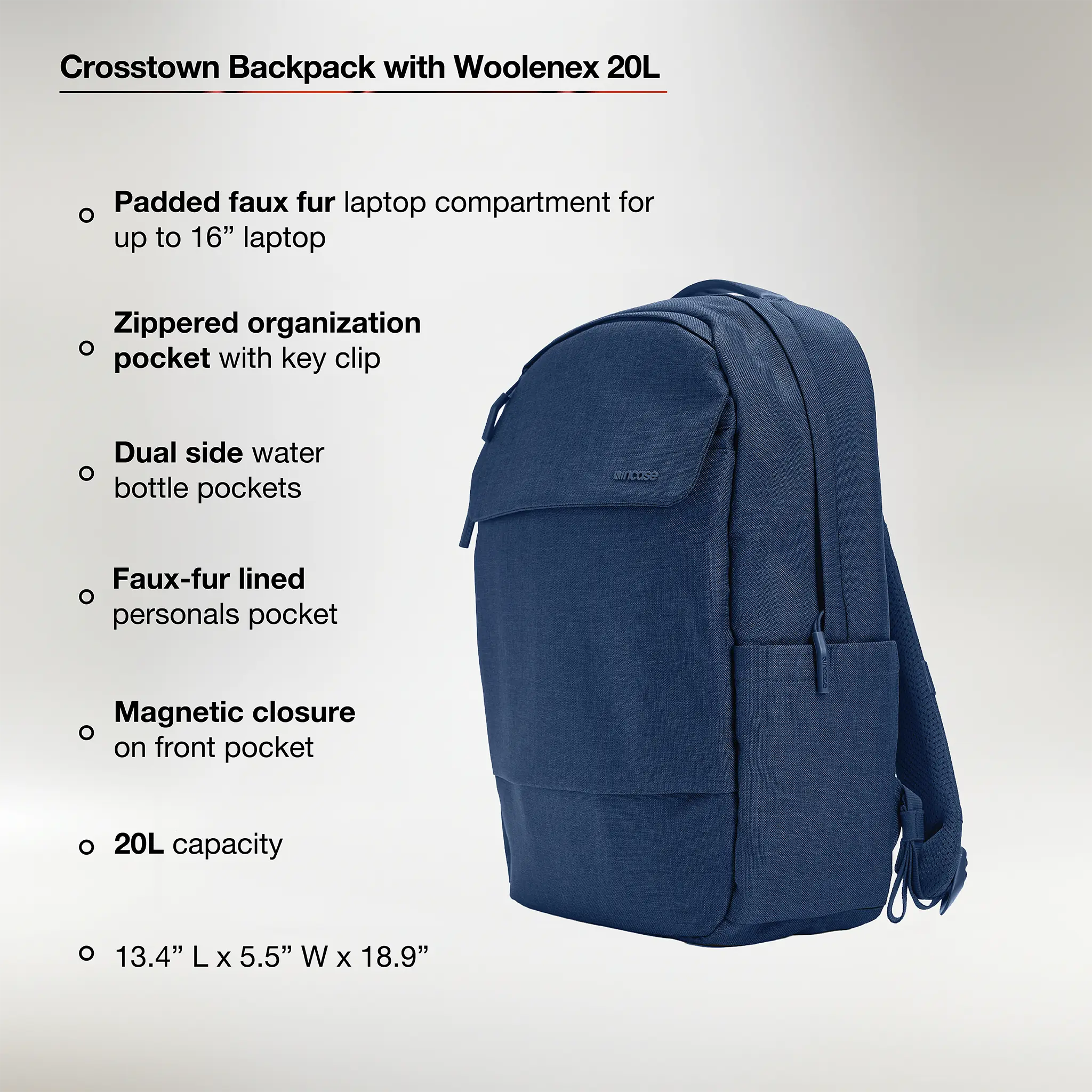 Crosstown Backpack with Woolenex 20L Incase with feature bullets describing advertised features of the bag