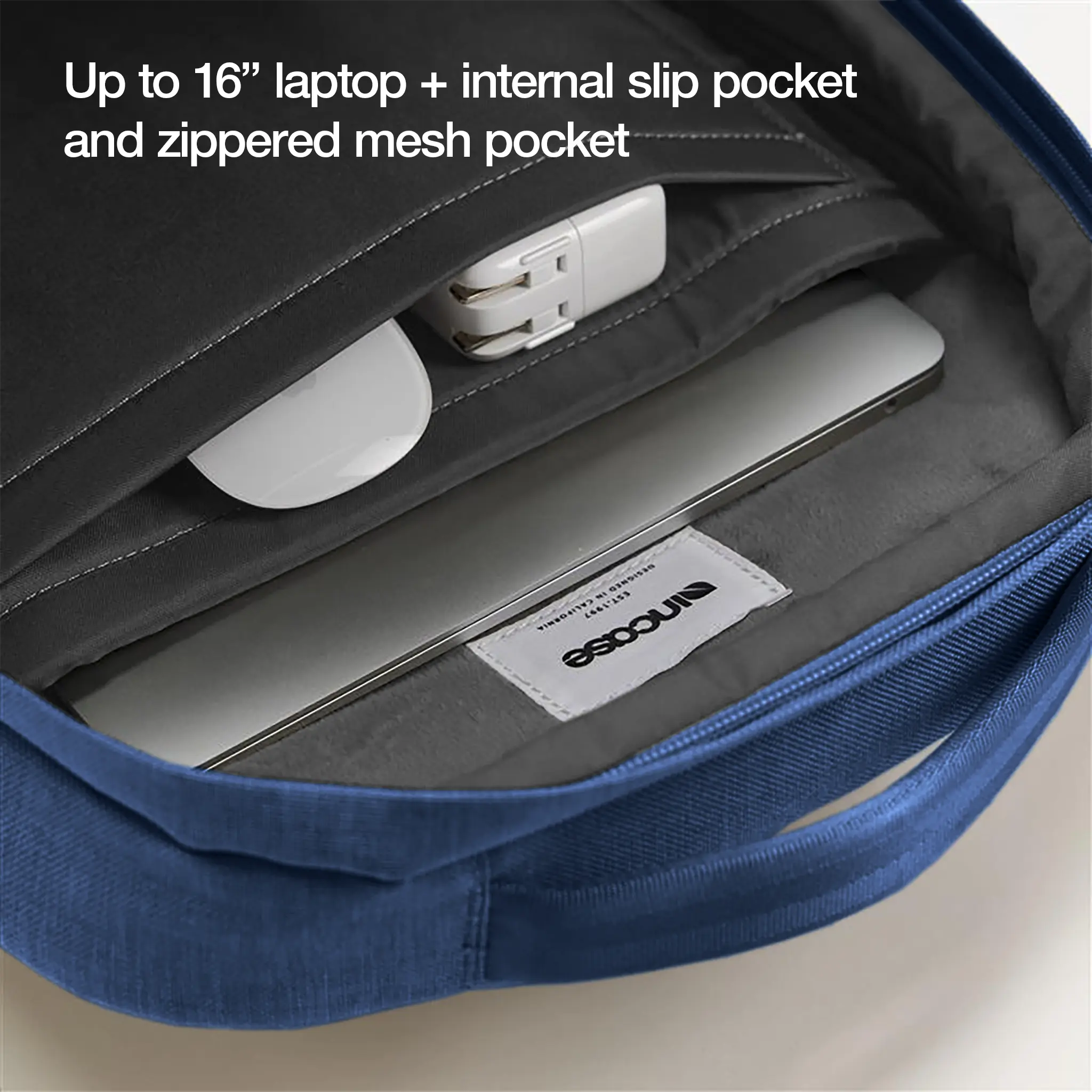 Photo of interior of Crosstown Backpack with Woolenex 20L Incase with higlighted 16-inch laptop fit and internal slip pocket