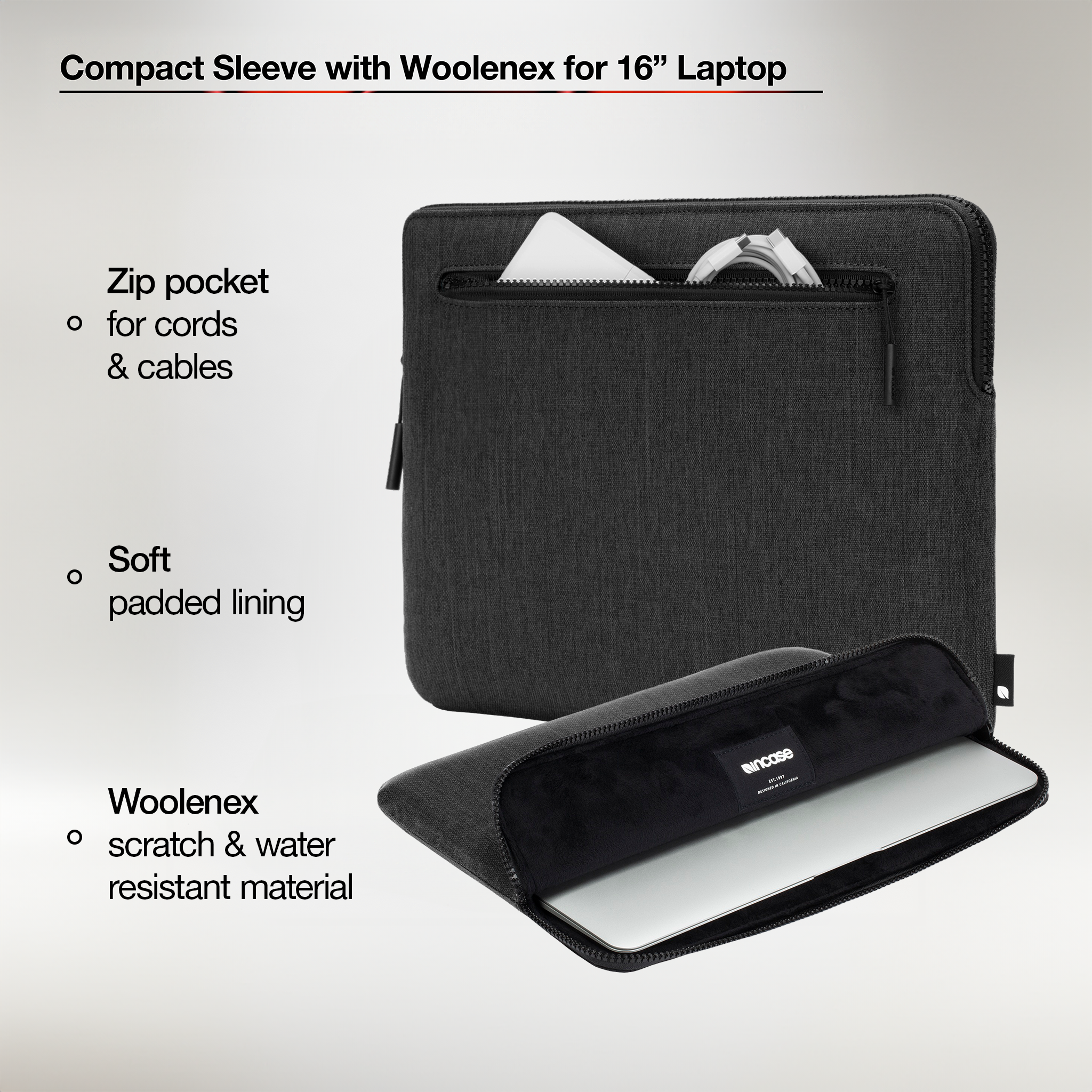 Incase Compact Sleeve with Woolenex for 16"  MacBook Pro (2019-2024) highlighting product features