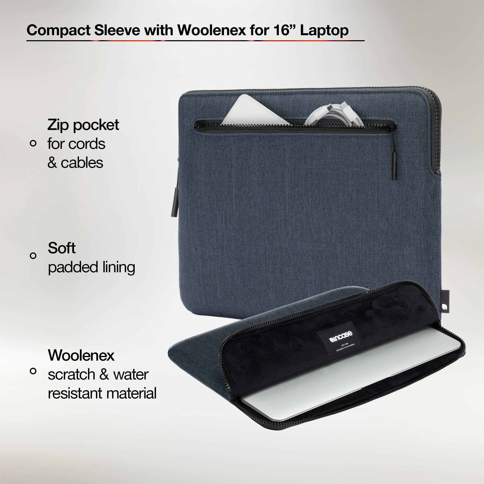 Incase Compact Sleeve with Woolenex for 16"  MacBook Pro (2019-2024) highlighting product features