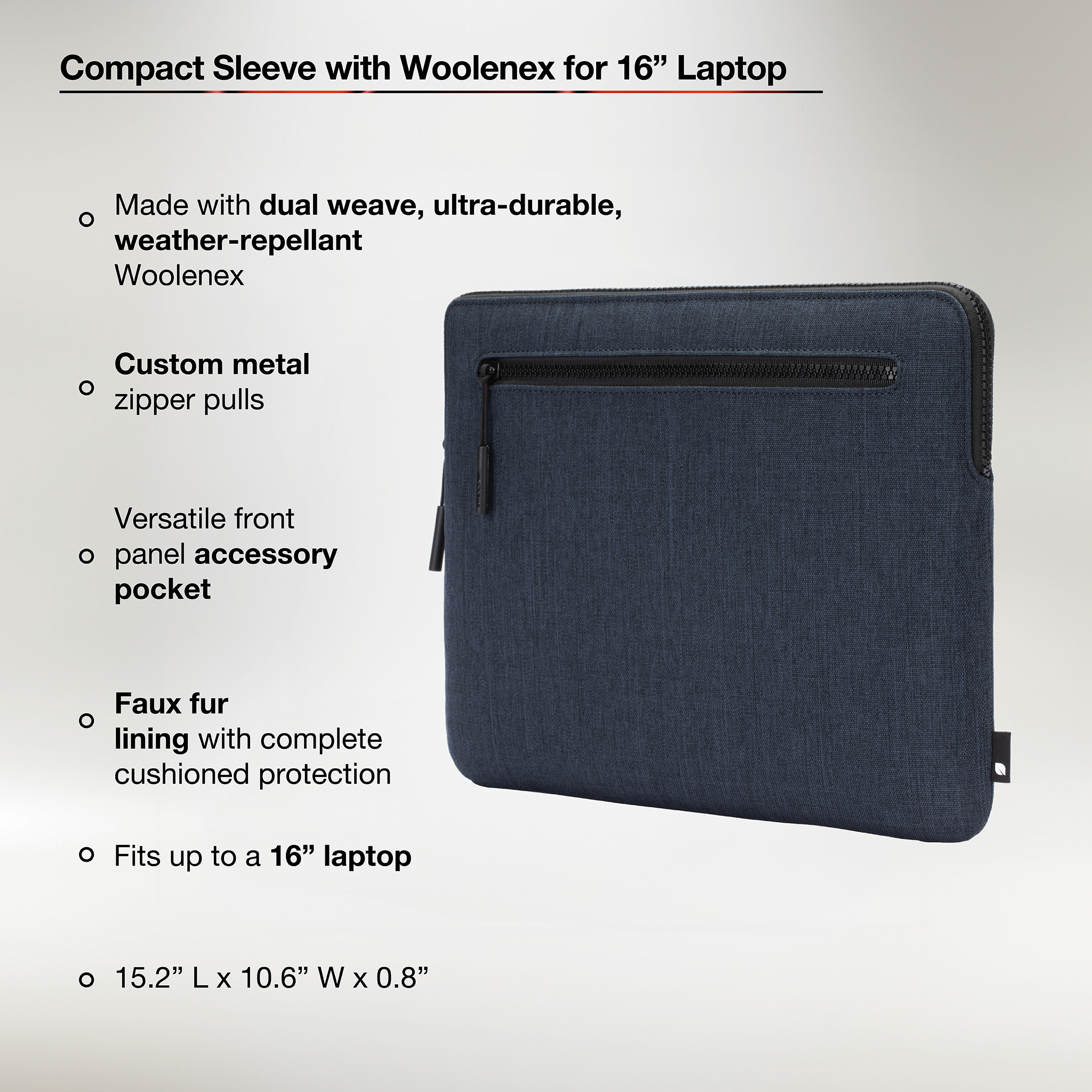 Incase Compact Sleeve with Woolenex for 16"  MacBook Pro (2019-2024) highlighting product features and dimensions