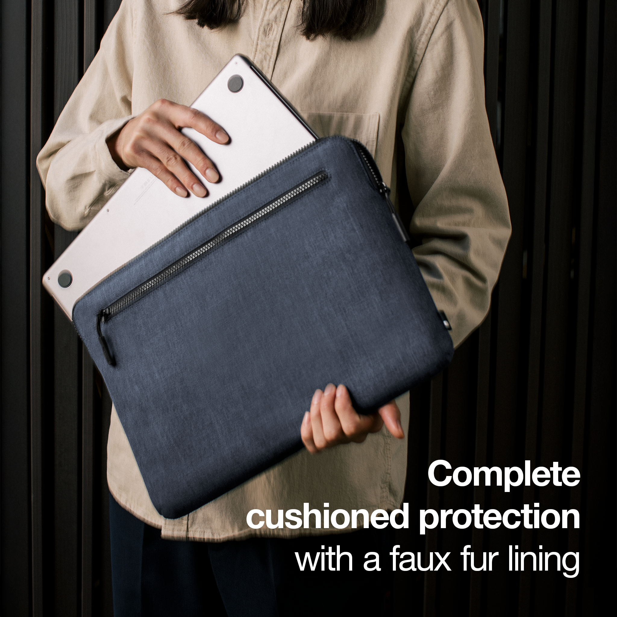 Incase Compact Sleeve with Woolenex for 16"  MacBook Pro (2019-2024) showing complete cushioned protection with faux fur lining